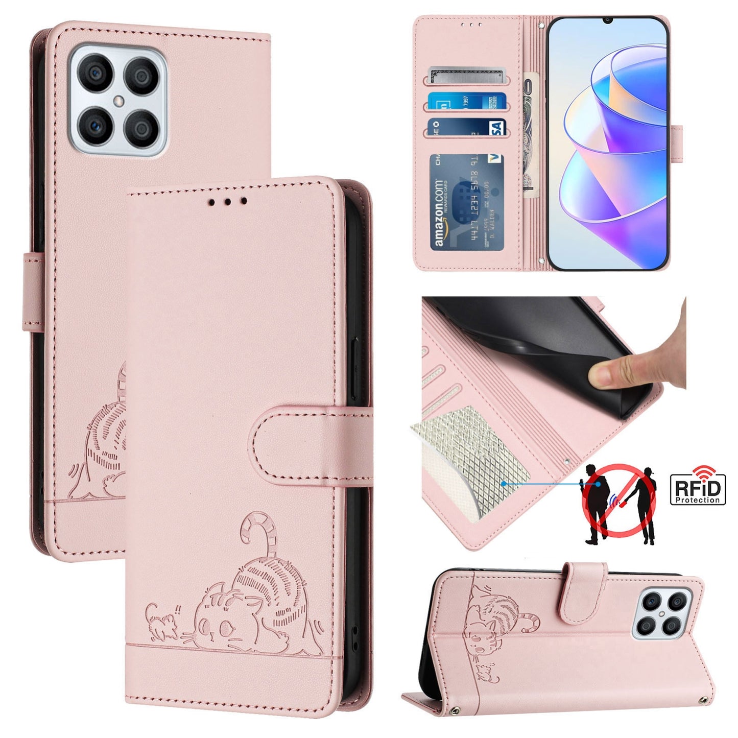 Honor X30i 5G Cat and Mouse Embossed PU Leather RFID Case with Wallet Slots, Anti-Fall Protection, Kickstand, and Lanyard-buycases.co.uk