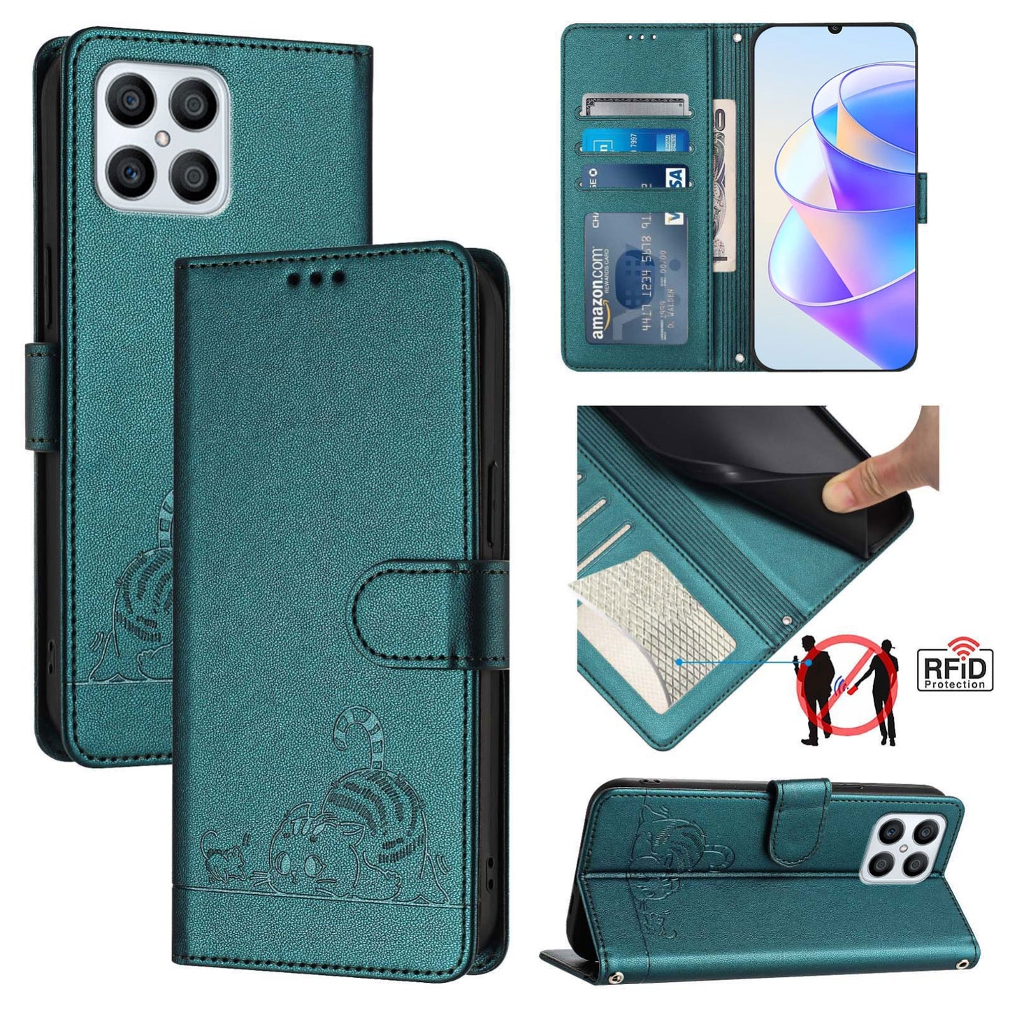 Honor X30i 5G Cat and Mouse Embossed PU Leather RFID Case with Wallet Slots, Anti-Fall Protection, Kickstand, and Lanyard-buycases.co.uk
