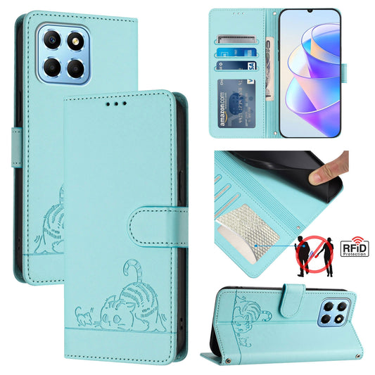 Honor 70 Lite 5G Global Cat and Mouse Embossed PU Leather RFID Case with Wallet Slots, Anti-Fall Protection, Kickstand, and Lanyard-buycases.co.uk