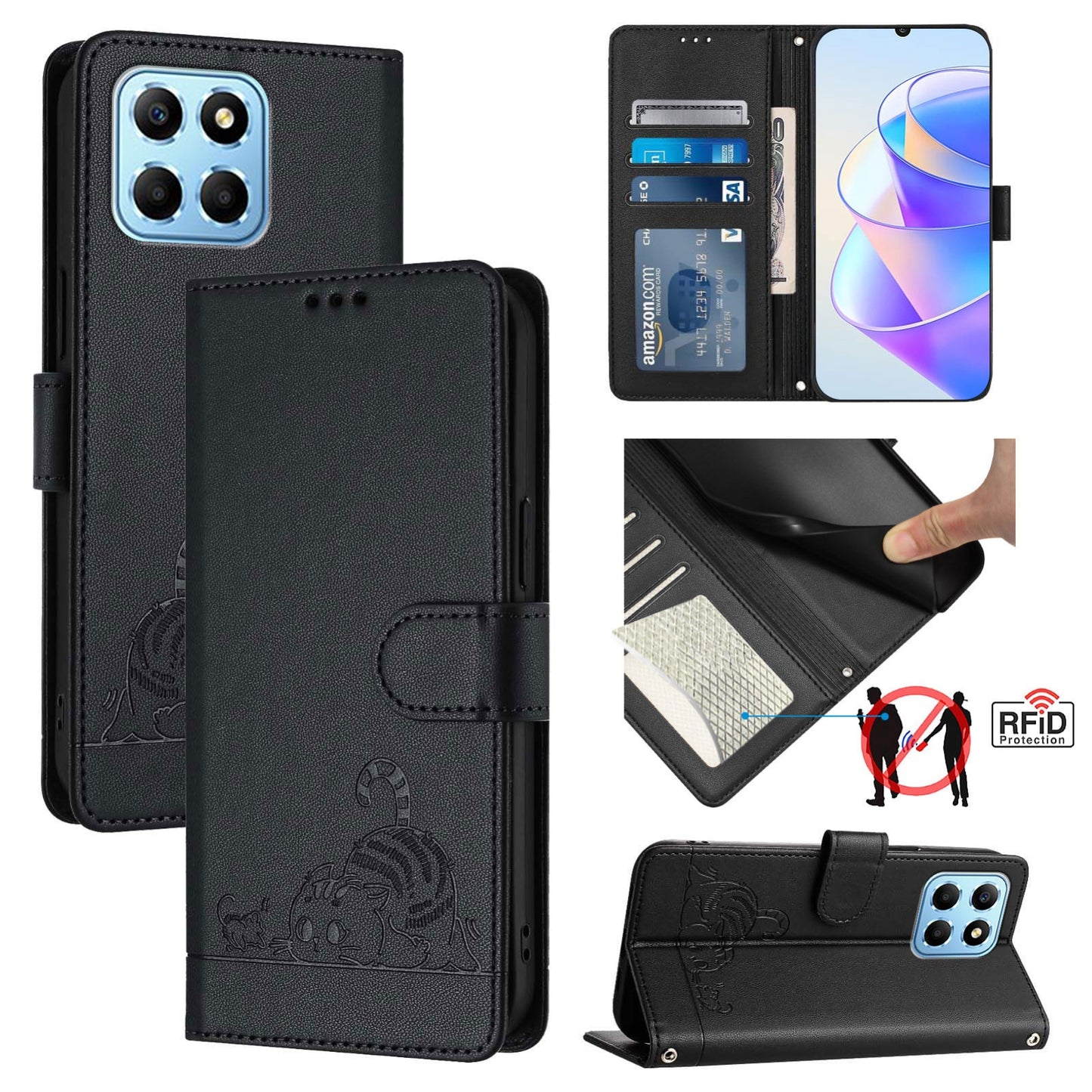 Honor 70 Lite 5G Global Cat and Mouse Embossed PU Leather RFID Case with Wallet Slots, Anti-Fall Protection, Kickstand, and Lanyard-buycases.co.uk