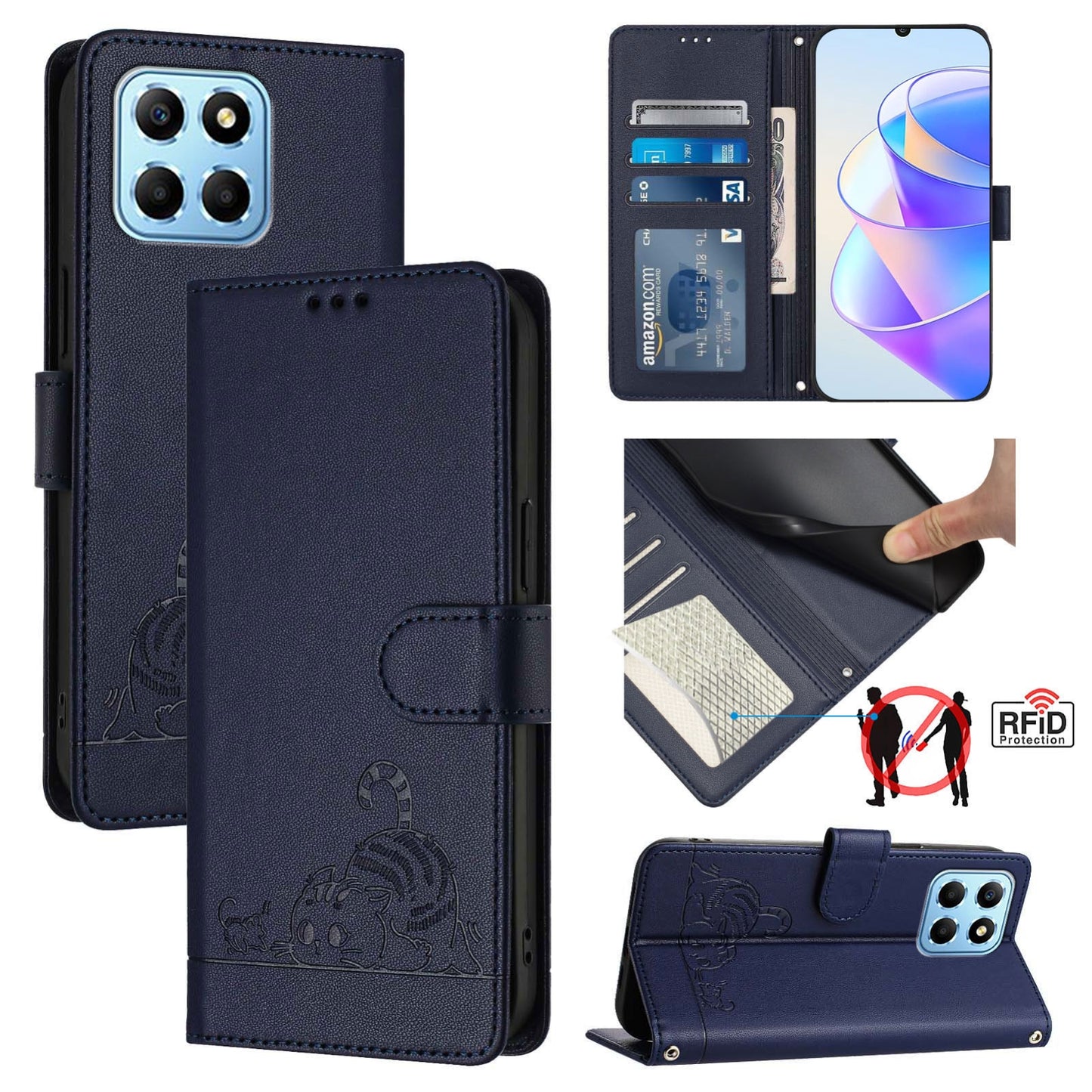Honor 70 Lite 5G Global Cat and Mouse Embossed PU Leather RFID Case with Wallet Slots, Anti-Fall Protection, Kickstand, and Lanyard-buycases.co.uk