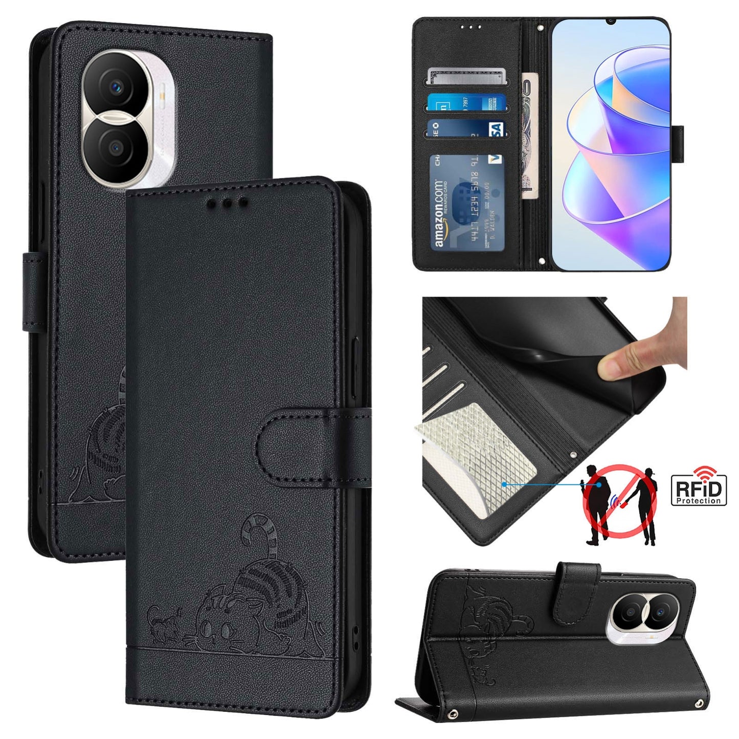 Honor X40i 5G Cat and Mouse Embossed PU Leather RFID Case with Wallet Slots, Anti-Fall Protection, Kickstand, and Lanyard-buycases.co.uk