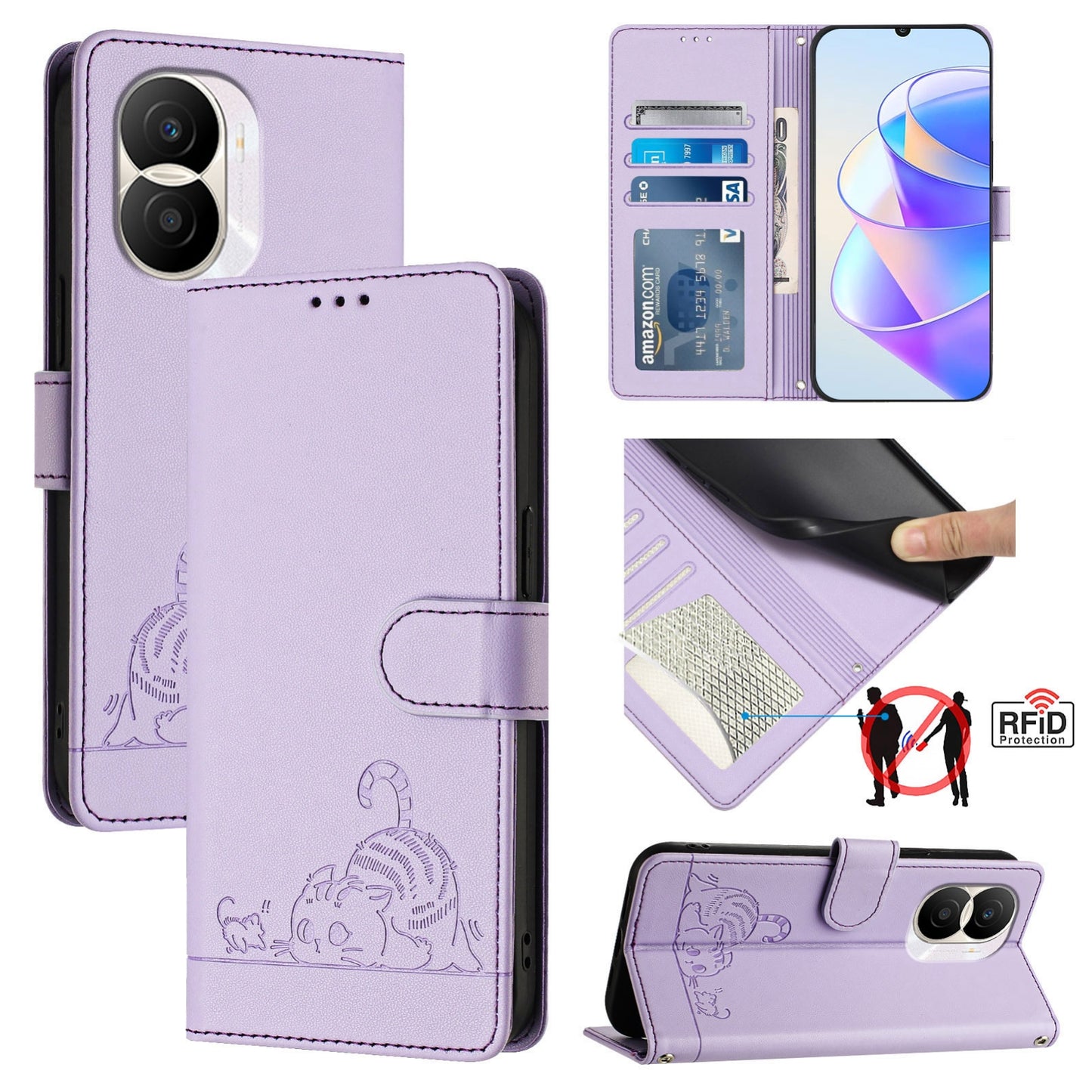 Honor X40i 5G Cat and Mouse Embossed PU Leather RFID Case with Wallet Slots, Anti-Fall Protection, Kickstand, and Lanyard-buycases.co.uk