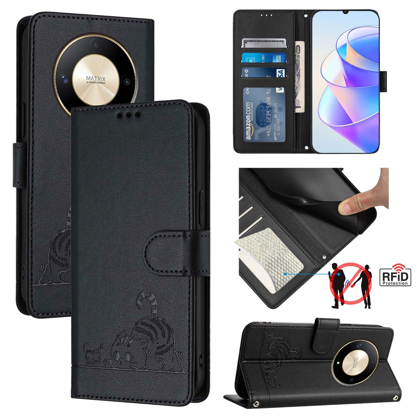 Honor Magic6 Lite 5G Global Cat and Mouse Embossed PU Leather RFID Case with Wallet Slots, Anti-Fall Protection, Kickstand, and Lanyard-buycases.co.uk