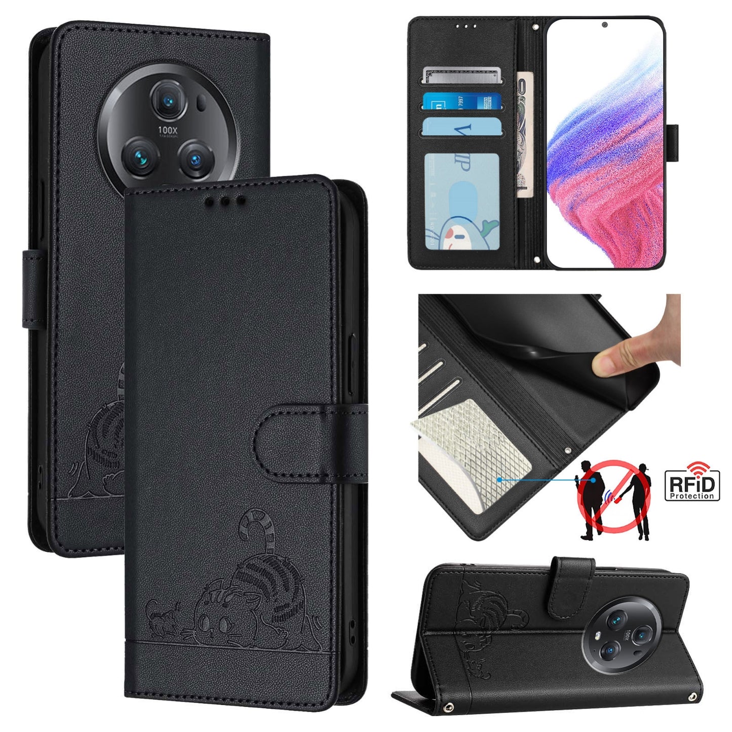 Honor Magic5 Pro Cat and Mouse Embossed PU Leather RFID Case with Wallet Slots, Anti-Fall Protection, Kickstand, and Lanyard-buycases.co.uk