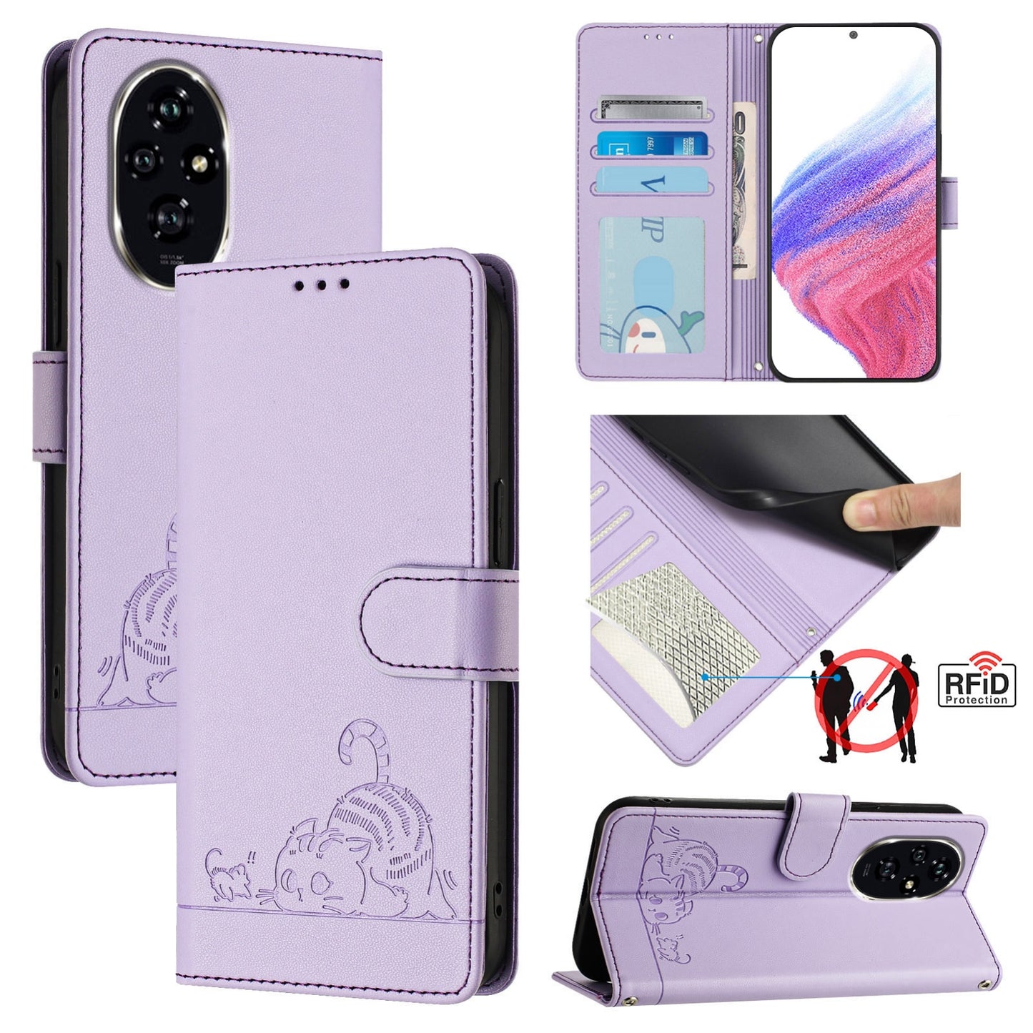 Honor 200 Cat and Mouse Embossed PU Leather RFID Case with Wallet Slots, Anti-Fall Protection, Kickstand, and Lanyard-buycases.co.uk
