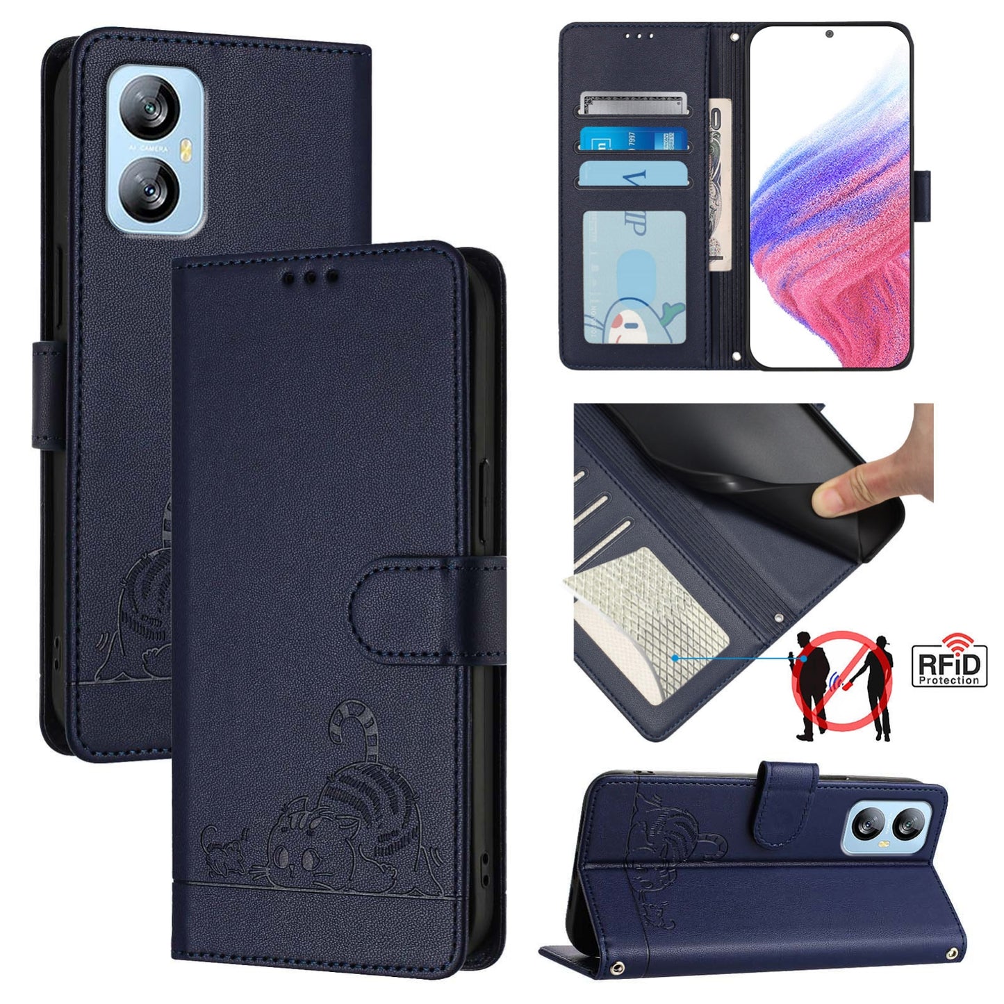 Blackview A52 Cat and Mouse Embossed PU Leather RFID Case with Wallet Slots, Anti-Fall Protection, Kickstand, and Lanyard-buycases.co.uk