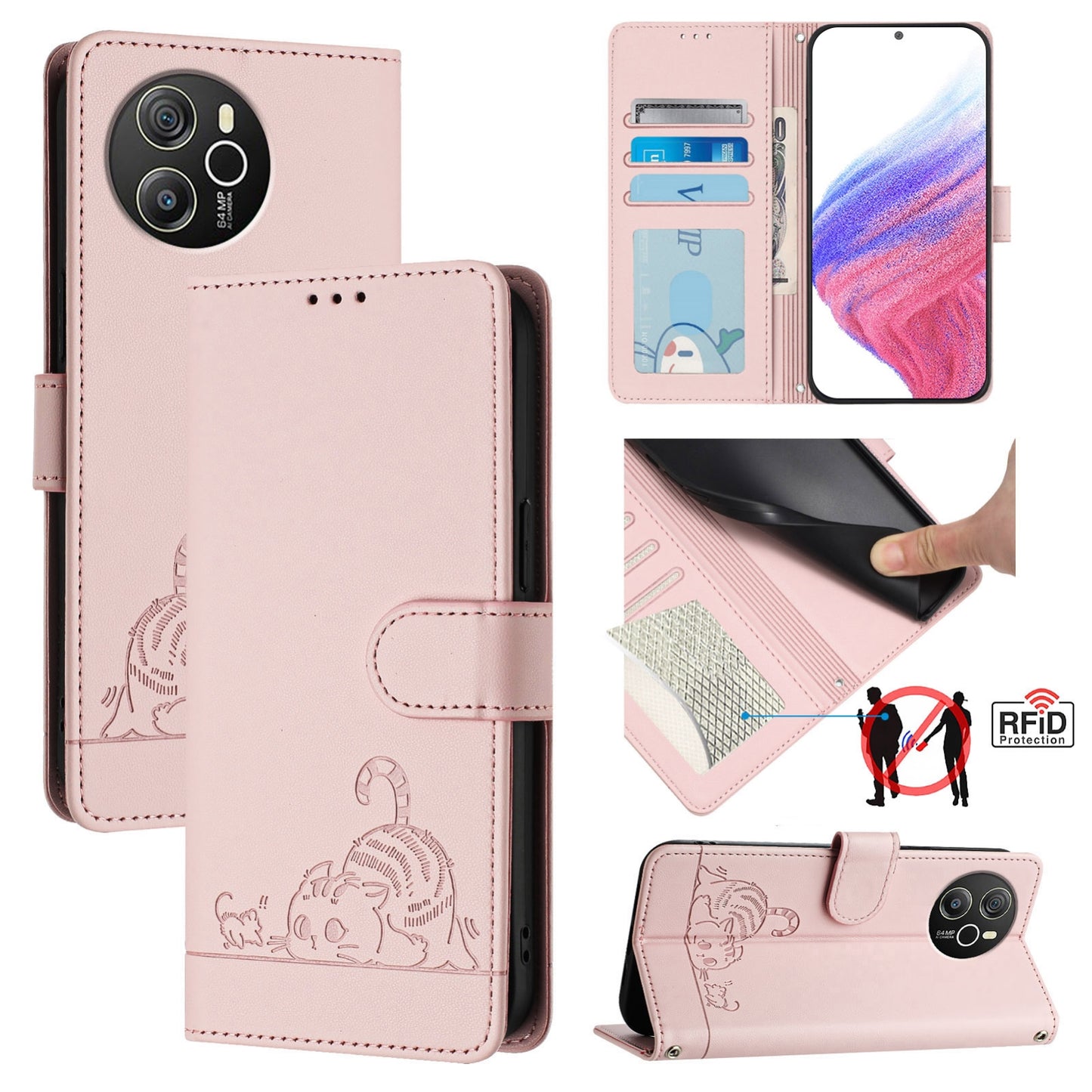 Blackview Shark 8 Cat and Mouse Embossed PU Leather RFID Case with Wallet Slots, Anti-Fall Protection, Kickstand, and Lanyard-buycases.co.uk