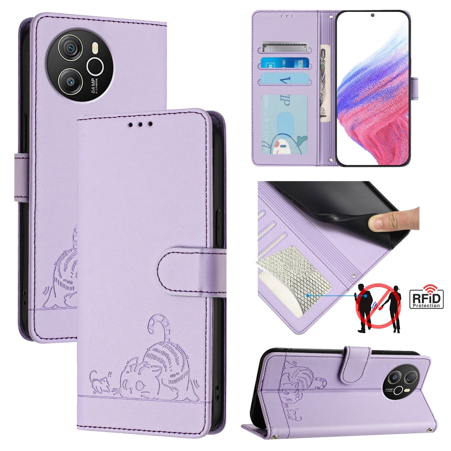 Blackview Shark 8 Cat and Mouse Embossed PU Leather RFID Case with Wallet Slots, Anti-Fall Protection, Kickstand, and Lanyard-buycases.co.uk
