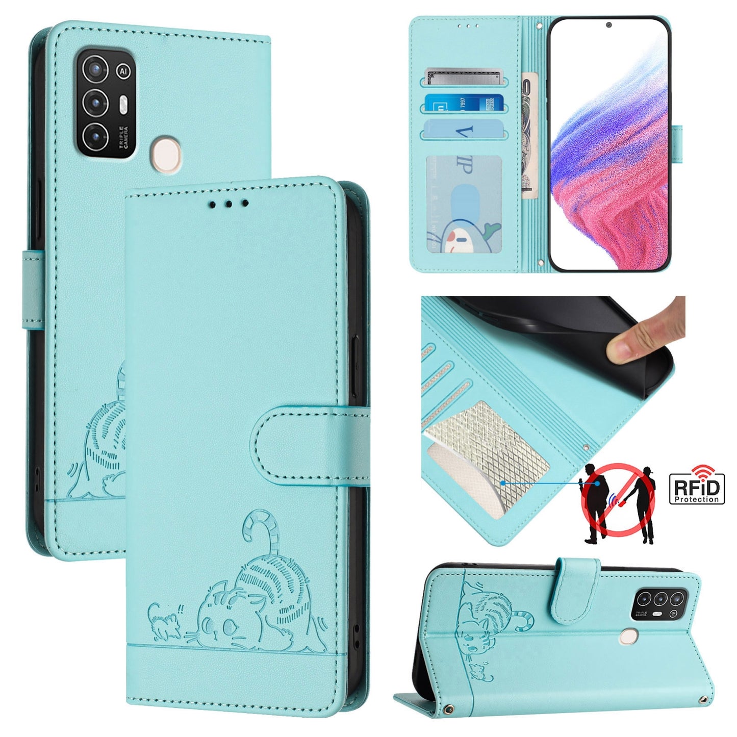 ZTE Blade A52 Cat and Mouse Embossed PU Leather RFID Case with Wallet Slots, Anti-Fall Protection, Kickstand, and Lanyard-buycases.co.uk
