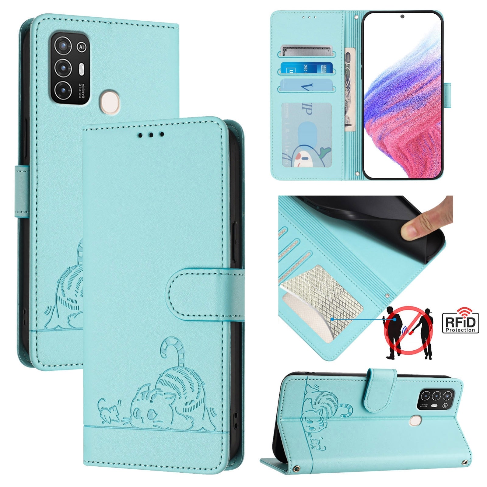 ZTE Blade A52 Cat and Mouse Embossed PU Leather RFID Case with Wallet Slots, Anti-Fall Protection, Kickstand, and Lanyard-buycases.co.uk