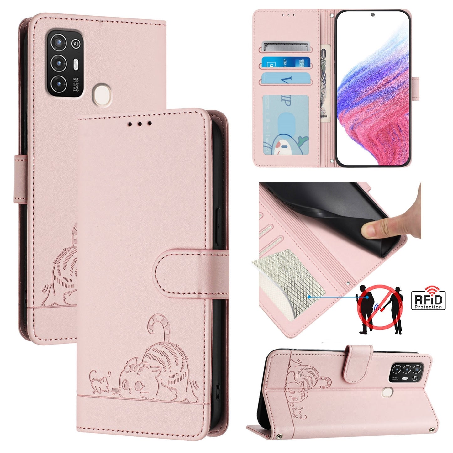 ZTE Blade A52 Cat and Mouse Embossed PU Leather RFID Case with Wallet Slots, Anti-Fall Protection, Kickstand, and Lanyard-buycases.co.uk