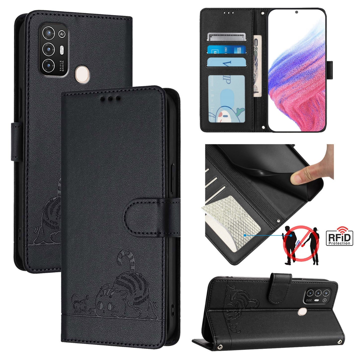 ZTE Blade A52 Cat and Mouse Embossed PU Leather RFID Case with Wallet Slots, Anti-Fall Protection, Kickstand, and Lanyard-buycases.co.uk