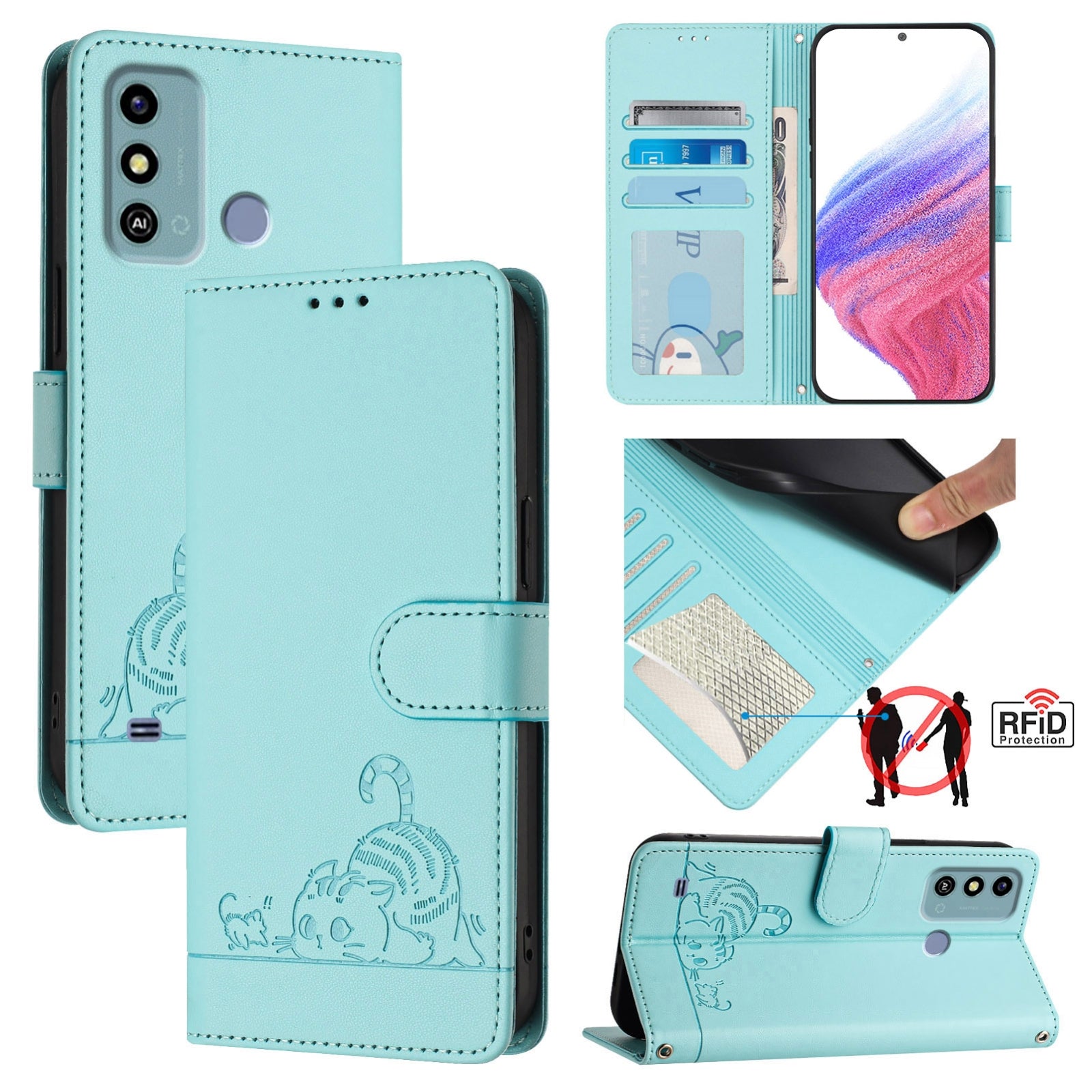 ZTE Blade A53 Cat and Mouse Embossed PU Leather RFID Case with Wallet Slots, Anti-Fall Protection, Kickstand, and Lanyard-buycases.co.uk