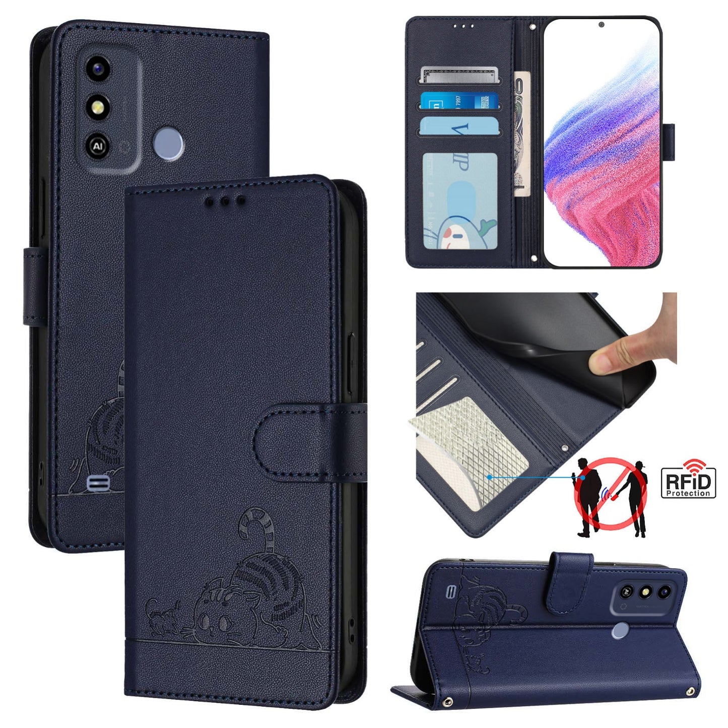 ZTE Blade A53 Cat and Mouse Embossed PU Leather RFID Case with Wallet Slots, Anti-Fall Protection, Kickstand, and Lanyard-buycases.co.uk