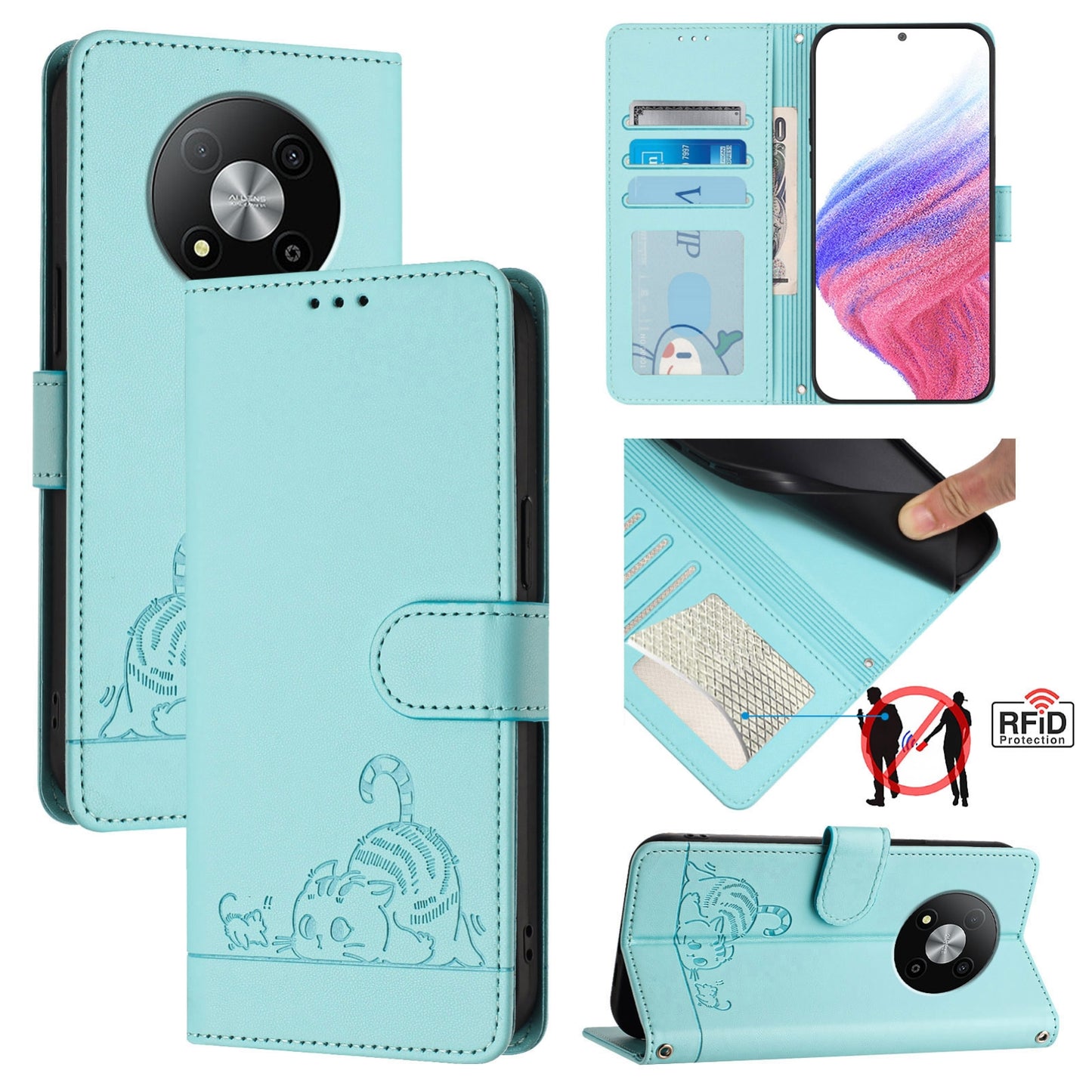 ZTE Blade A73 5G Cat and Mouse Embossed PU Leather RFID Case with Wallet Slots, Anti-Fall Protection, Kickstand, and Lanyard-buycases.co.uk