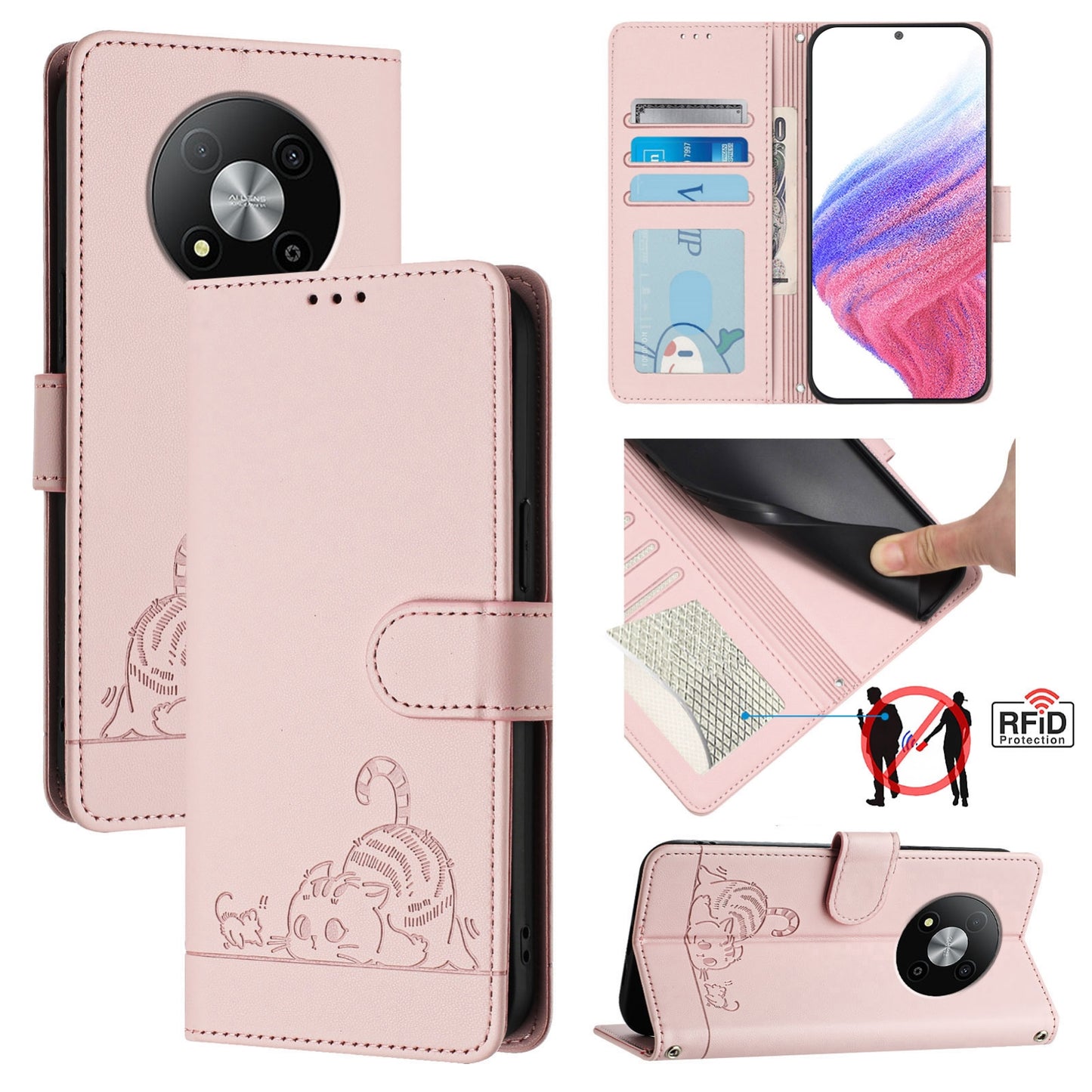 ZTE Blade A73 5G Cat and Mouse Embossed PU Leather RFID Case with Wallet Slots, Anti-Fall Protection, Kickstand, and Lanyard-buycases.co.uk
