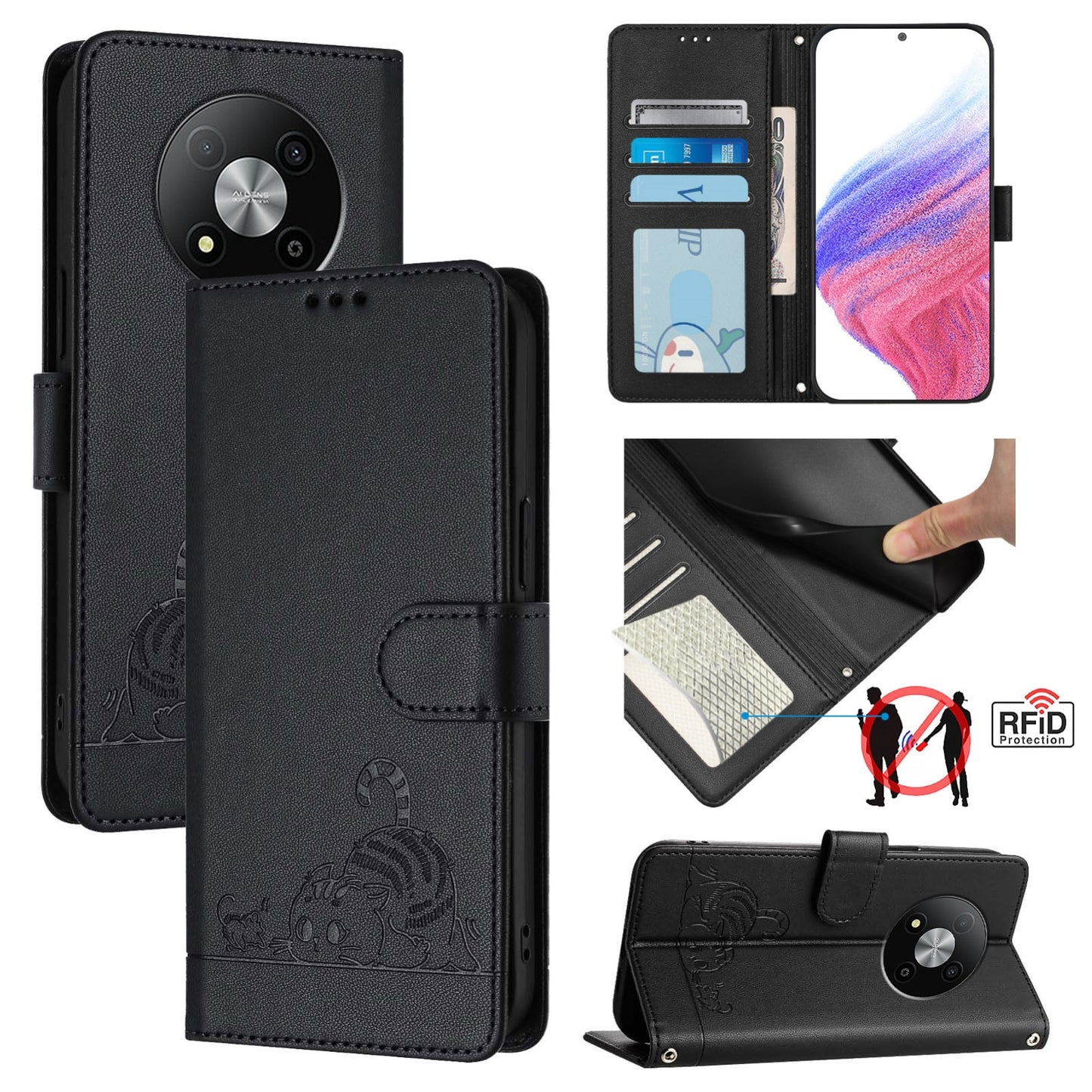ZTE Blade A73 5G Cat and Mouse Embossed PU Leather RFID Case with Wallet Slots, Anti-Fall Protection, Kickstand, and Lanyard-buycases.co.uk