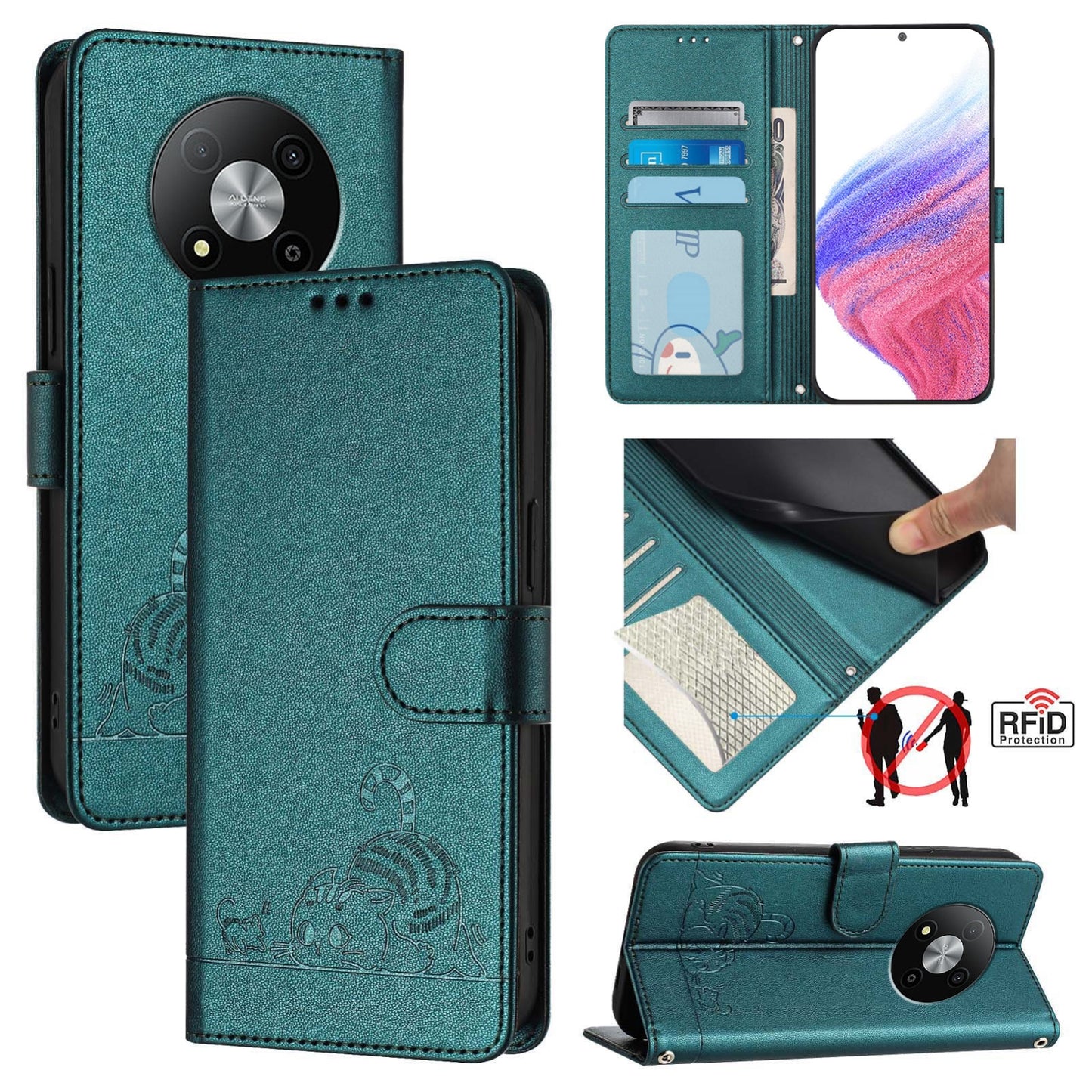 ZTE Blade A73 5G Cat and Mouse Embossed PU Leather RFID Case with Wallet Slots, Anti-Fall Protection, Kickstand, and Lanyard-buycases.co.uk