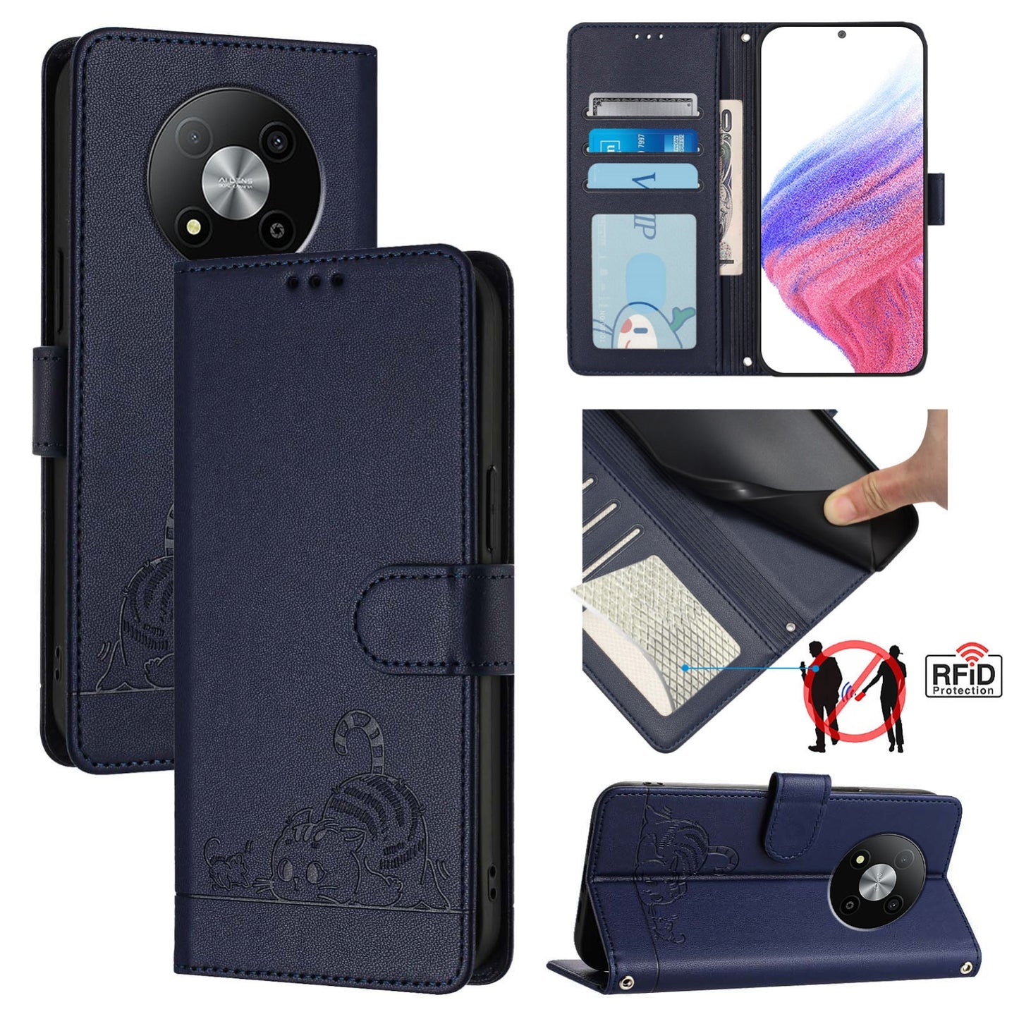 ZTE Blade A73 5G Cat and Mouse Embossed PU Leather RFID Case with Wallet Slots, Anti-Fall Protection, Kickstand, and Lanyard-buycases.co.uk