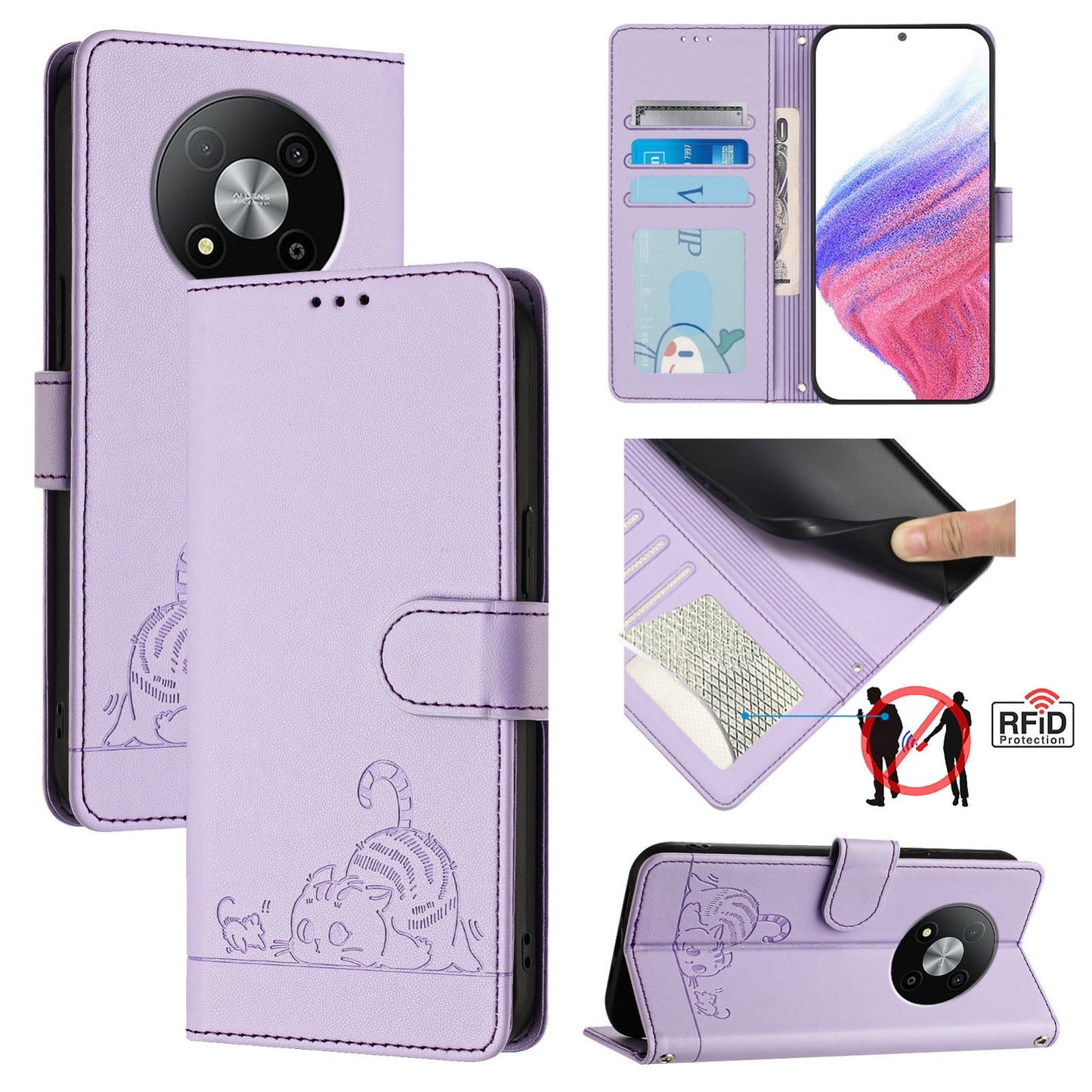 ZTE Blade A73 5G Cat and Mouse Embossed PU Leather RFID Case with Wallet Slots, Anti-Fall Protection, Kickstand, and Lanyard-buycases.co.uk