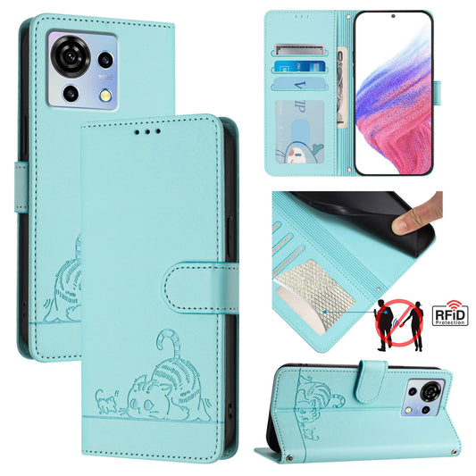 ZTE Blade V50 Vita Cat and Mouse Embossed PU Leather RFID Case with Wallet Slots, Anti-Fall Protection, Kickstand, and Lanyard-buycases.co.uk