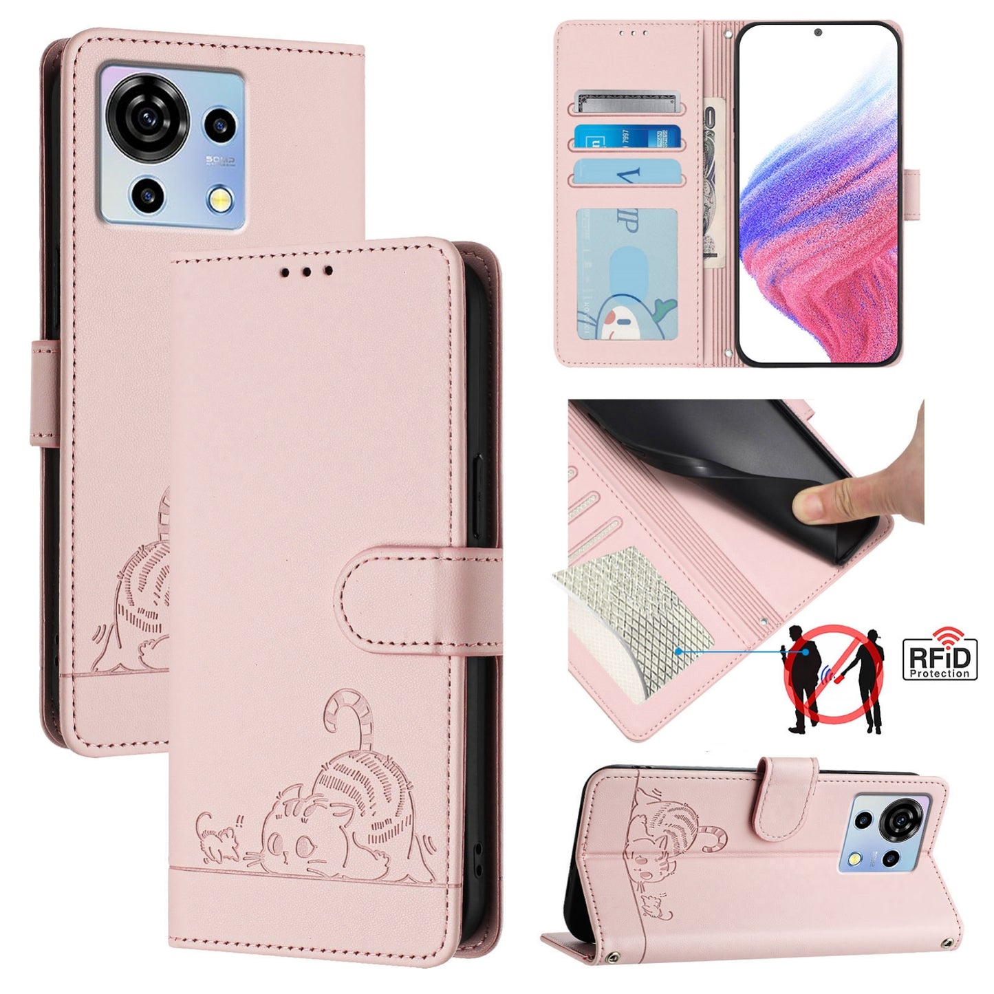 ZTE Blade V50 Vita Cat and Mouse Embossed PU Leather RFID Case with Wallet Slots, Anti-Fall Protection, Kickstand, and Lanyard-buycases.co.uk
