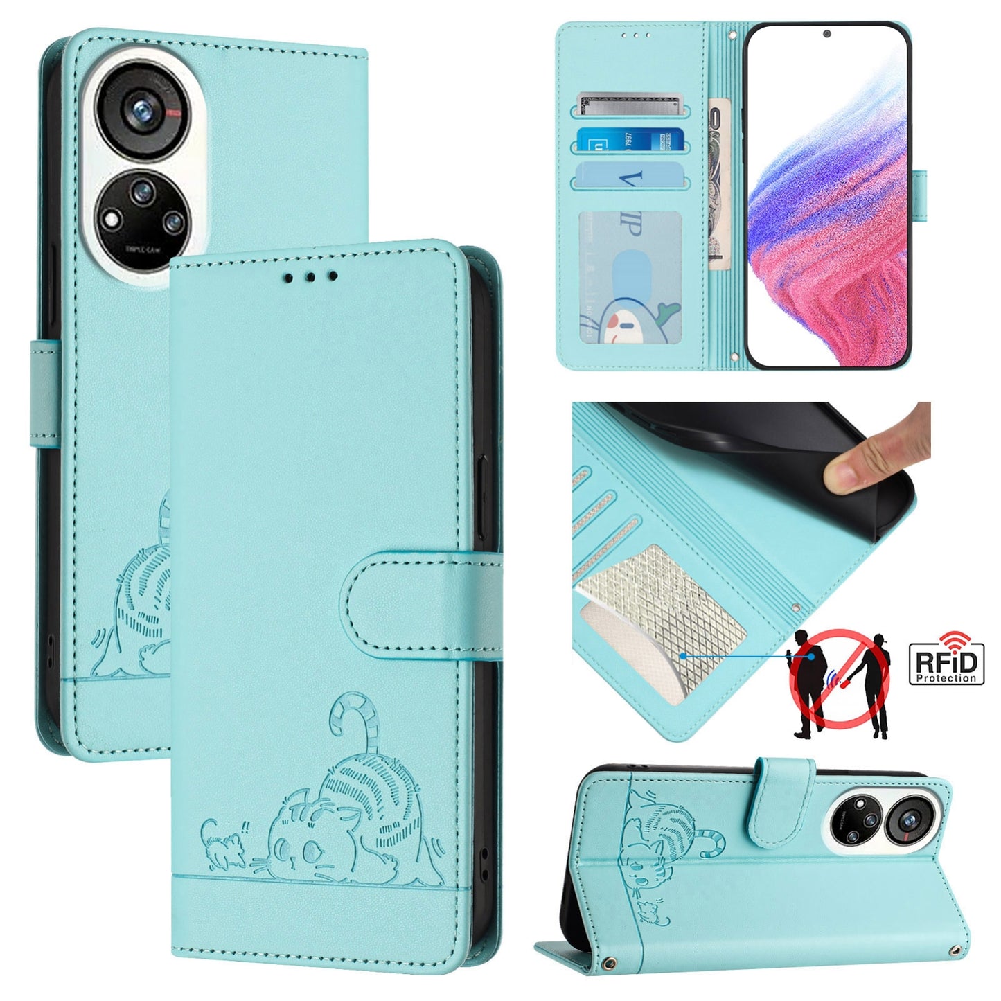 ZTE Blade V40s Cat and Mouse Embossed PU Leather RFID Case with Wallet Slots, Anti-Fall Protection, Kickstand, and Lanyard-buycases.co.uk