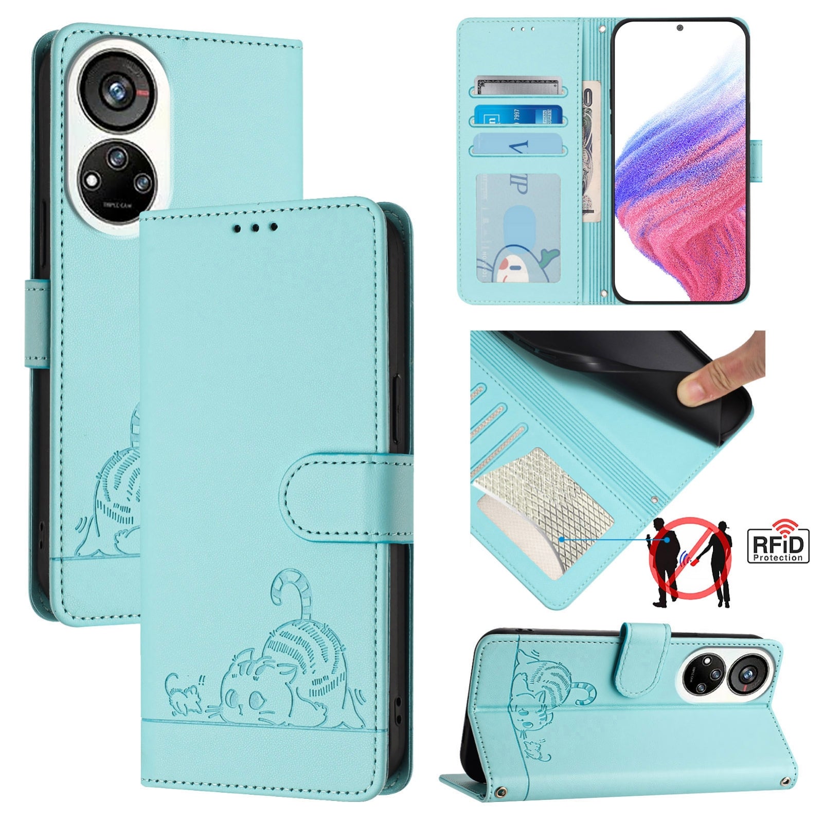 ZTE Blade V40s Cat and Mouse Embossed PU Leather RFID Case with Wallet Slots, Anti-Fall Protection, Kickstand, and Lanyard-buycases.co.uk