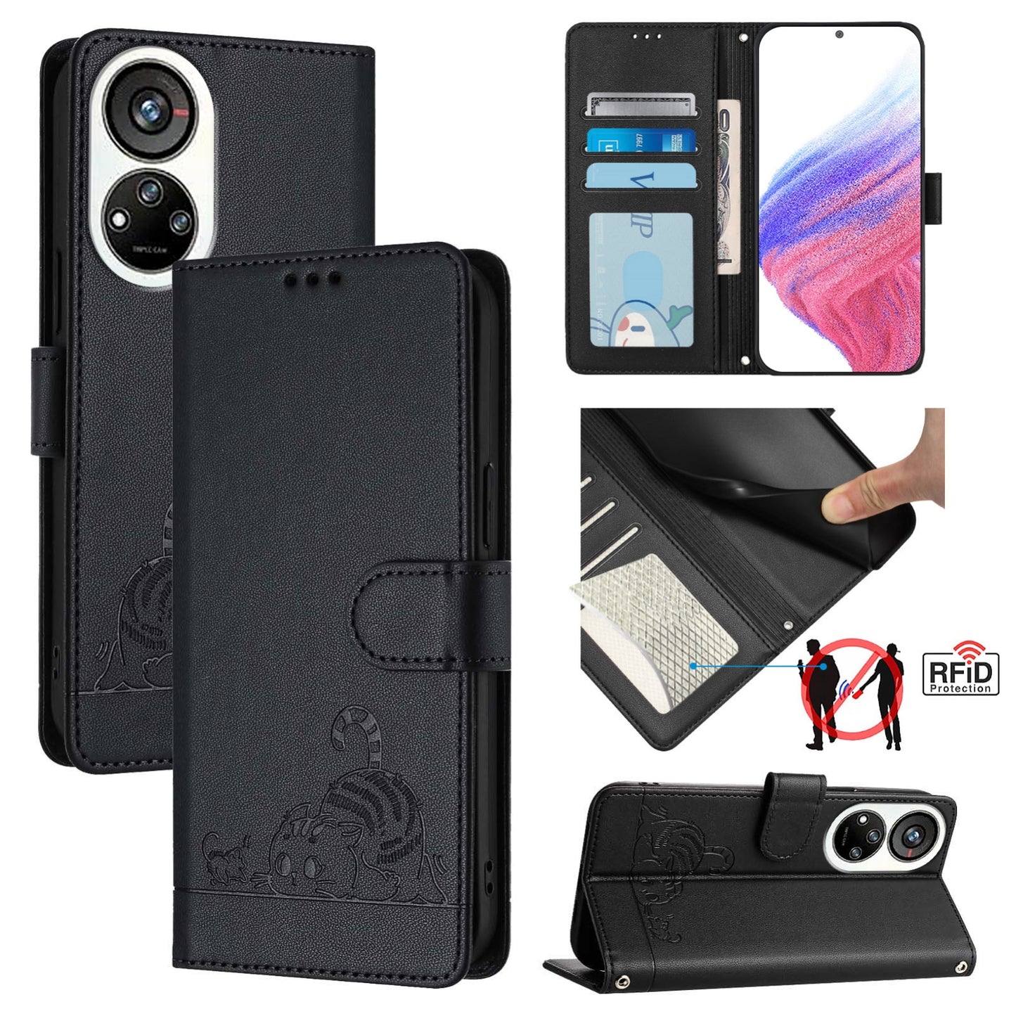 ZTE Blade V40s Cat and Mouse Embossed PU Leather RFID Case with Wallet Slots, Anti-Fall Protection, Kickstand, and Lanyard-buycases.co.uk