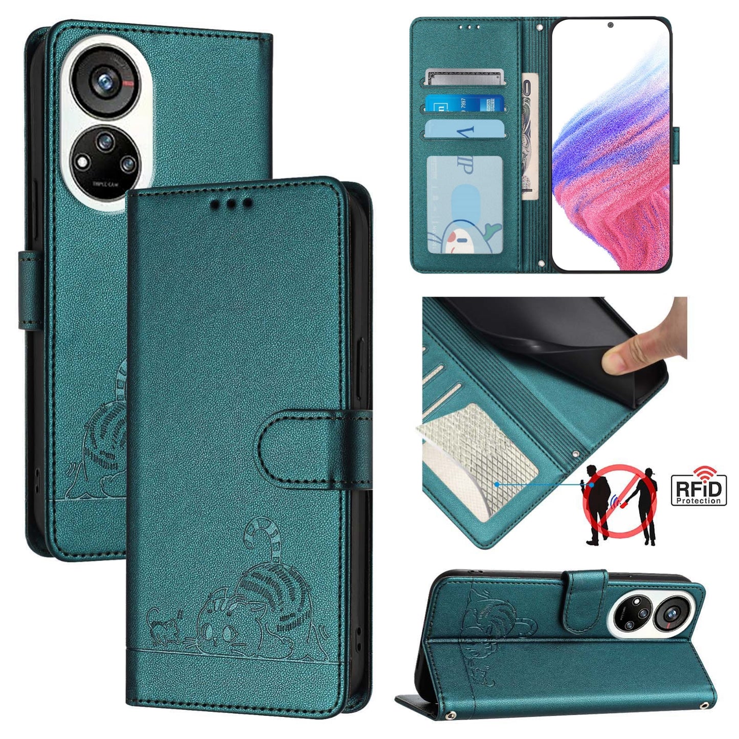 ZTE Blade V40s Cat and Mouse Embossed PU Leather RFID Case with Wallet Slots, Anti-Fall Protection, Kickstand, and Lanyard-buycases.co.uk