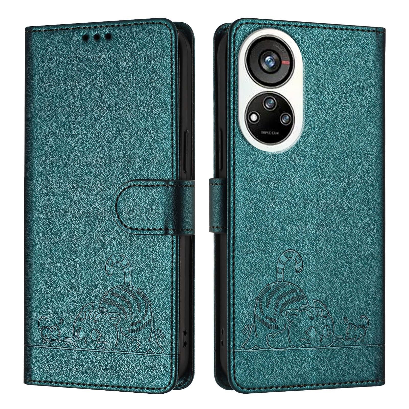 ZTE Blade V40s Cat and Mouse Embossed PU Leather RFID Case with Wallet Slots, Anti-Fall Protection, Kickstand, and Lanyard-buycases.co.uk