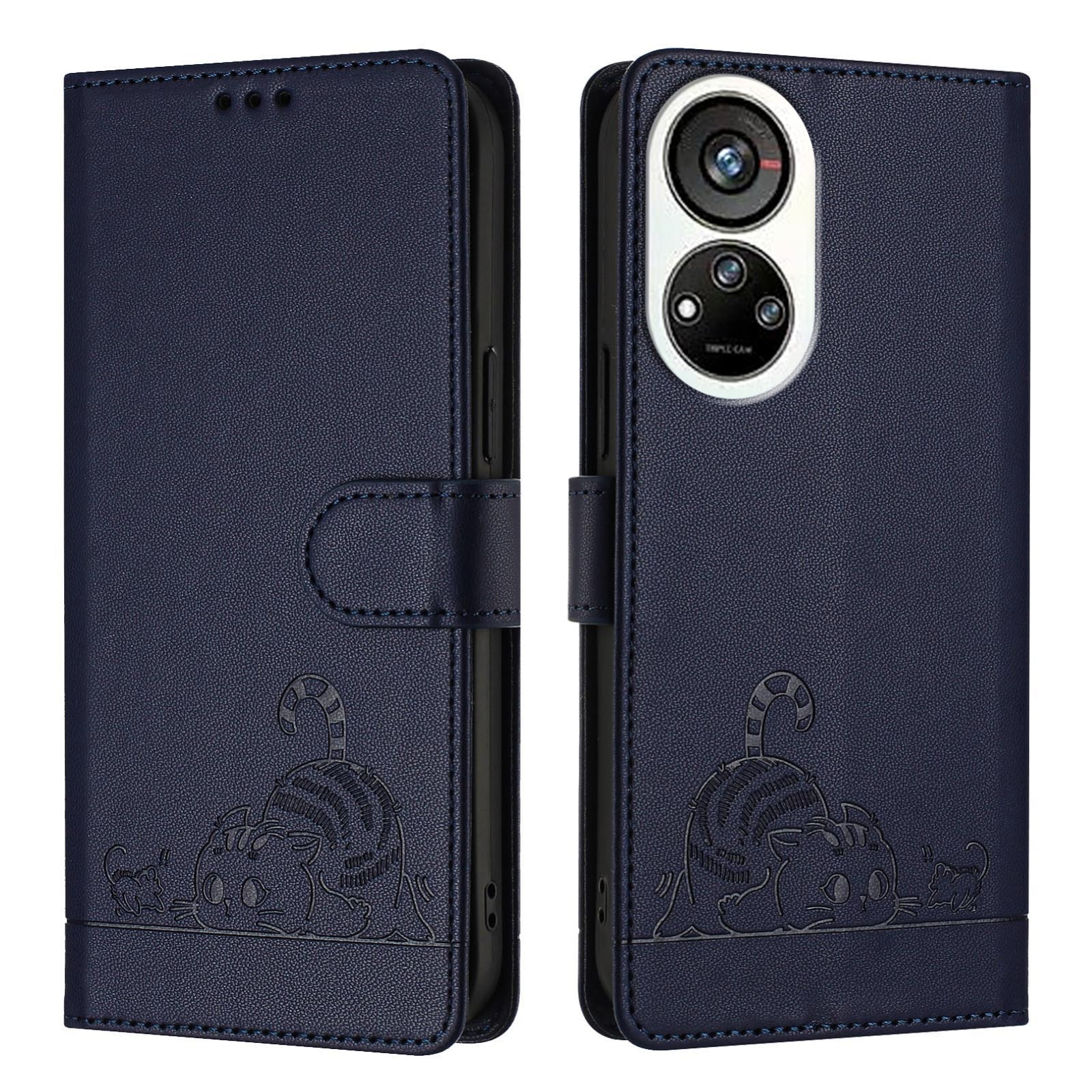 ZTE Blade V40s Cat and Mouse Embossed PU Leather RFID Case with Wallet Slots, Anti-Fall Protection, Kickstand, and Lanyard-buycases.co.uk
