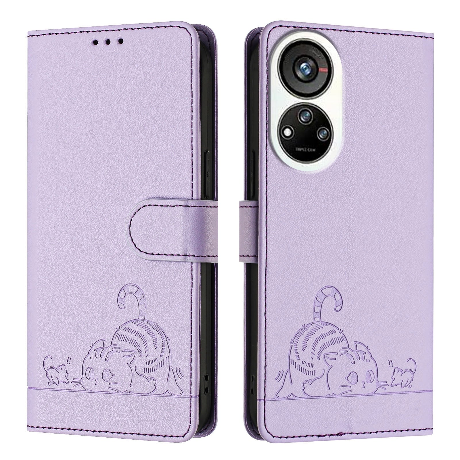 ZTE Blade V40s Cat and Mouse Embossed PU Leather RFID Case with Wallet Slots, Anti-Fall Protection, Kickstand, and Lanyard-buycases.co.uk