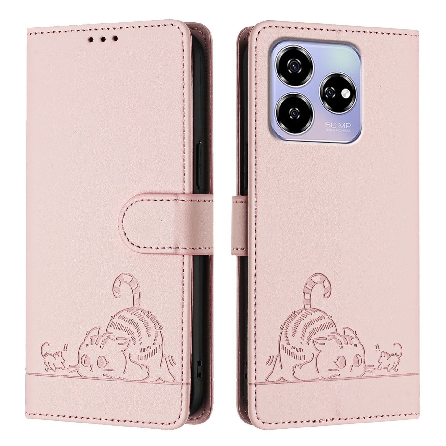 ZTE Axon 60 4G Cat and Mouse Embossed PU Leather RFID Case with Wallet Slots, Anti-Fall Protection, Kickstand, and Lanyard-buycases.co.uk