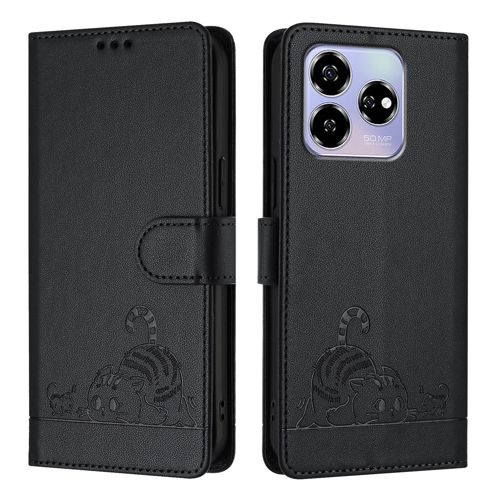 ZTE Axon 60 4G Cat and Mouse Embossed PU Leather RFID Case with Wallet Slots, Anti-Fall Protection, Kickstand, and Lanyard-buycases.co.uk