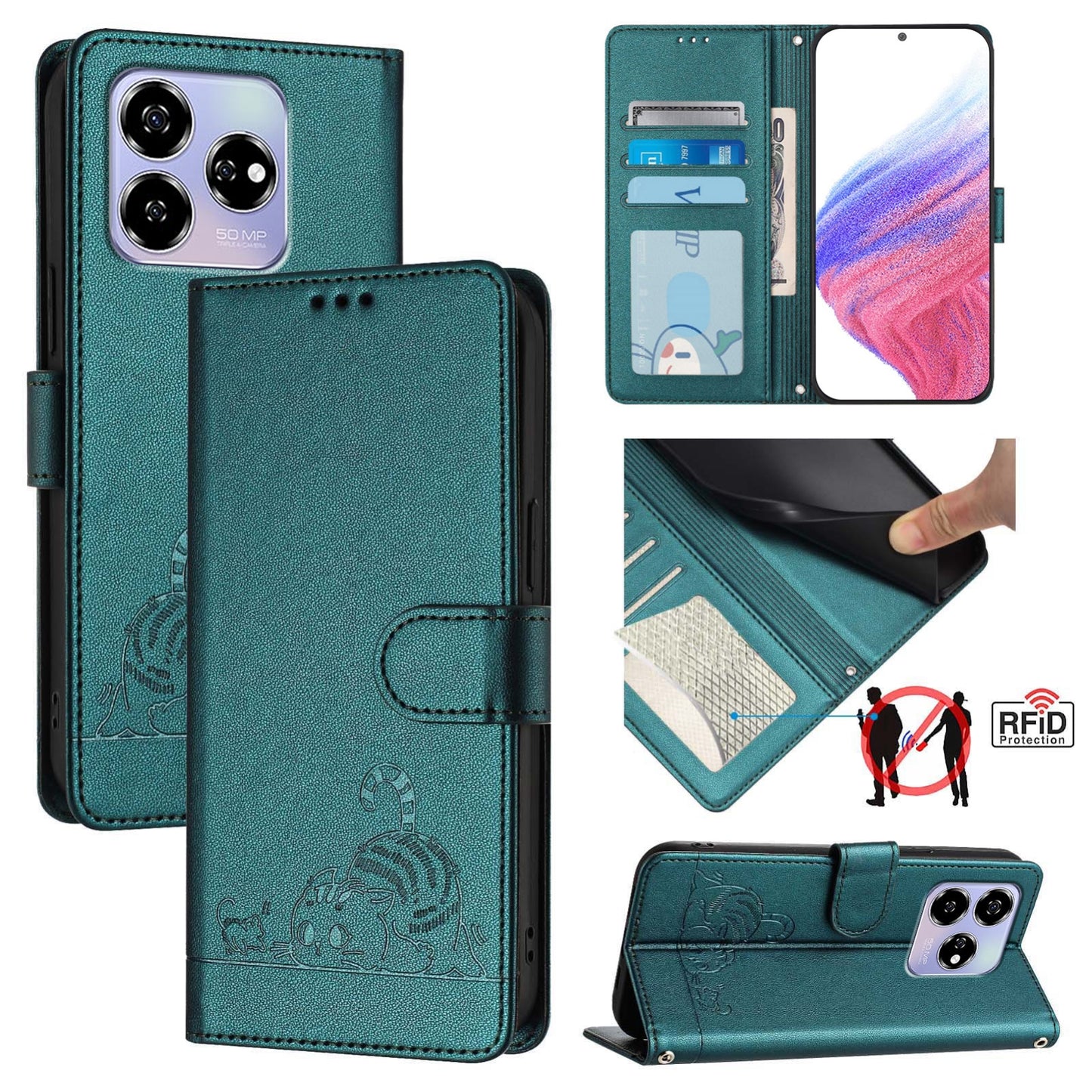 ZTE Blade V60 Cat and Mouse Embossed PU Leather RFID Case with Wallet Slots, Anti-Fall Protection, Kickstand, and Lanyard-buycases.co.uk
