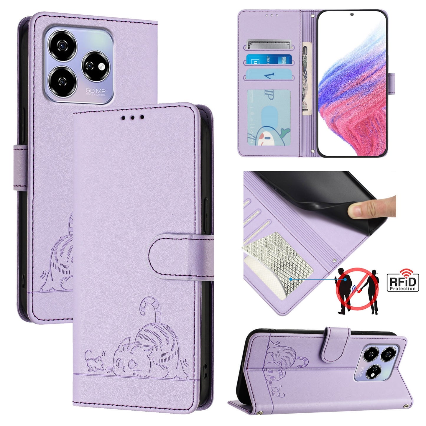 ZTE Blade V60 Cat and Mouse Embossed PU Leather RFID Case with Wallet Slots, Anti-Fall Protection, Kickstand, and Lanyard-buycases.co.uk