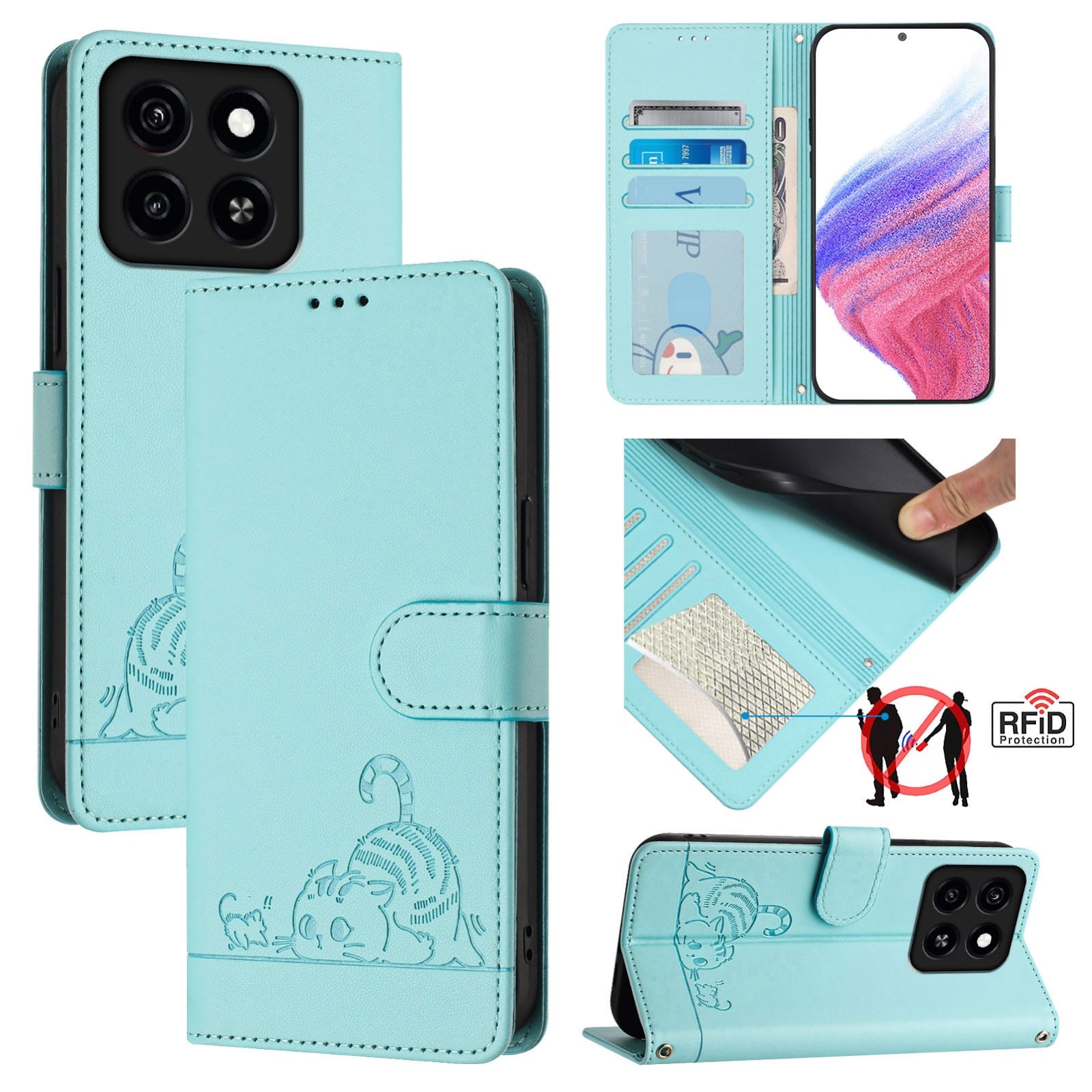 ZTE Blade A35 Cat and Mouse Embossed PU Leather RFID Case with Wallet Slots, Anti-Fall Protection, Kickstand, and Lanyard-buycases.co.uk