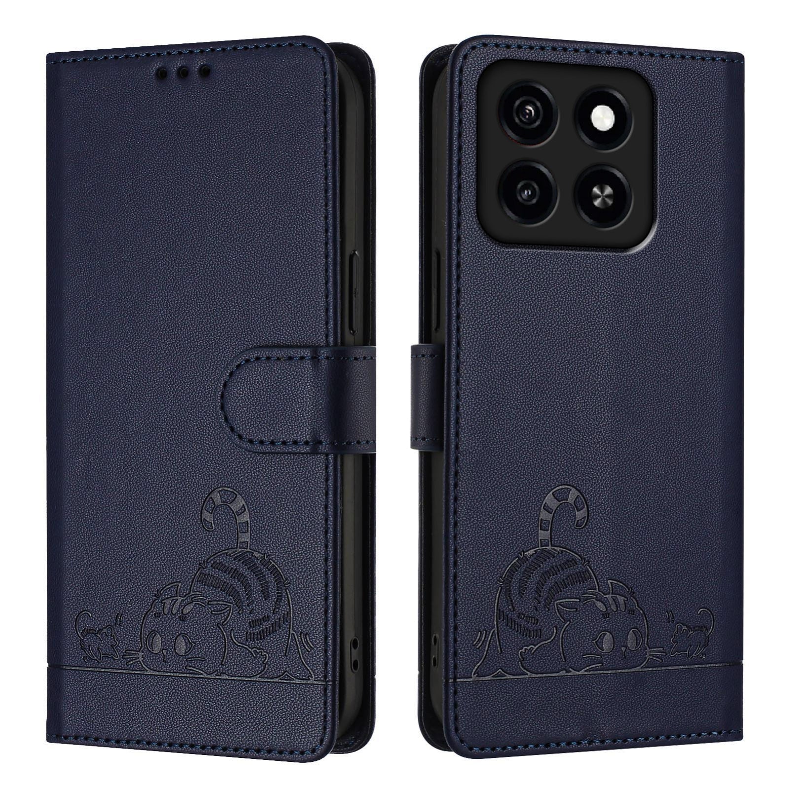ZTE Blade A55 Cat and Mouse Embossed PU Leather RFID Case with Wallet Slots, Anti-Fall Protection, Kickstand, and Lanyard-buycases.co.uk