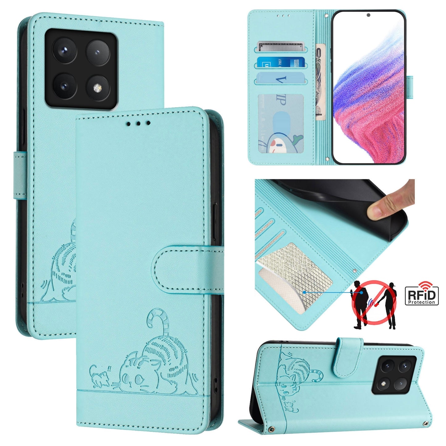 Xiaomi 14T Pro Cat and Mouse Embossed PU Leather RFID Case with Wallet Slots, Anti-Fall Protection, Kickstand, and Lanyard-buycases.co.uk