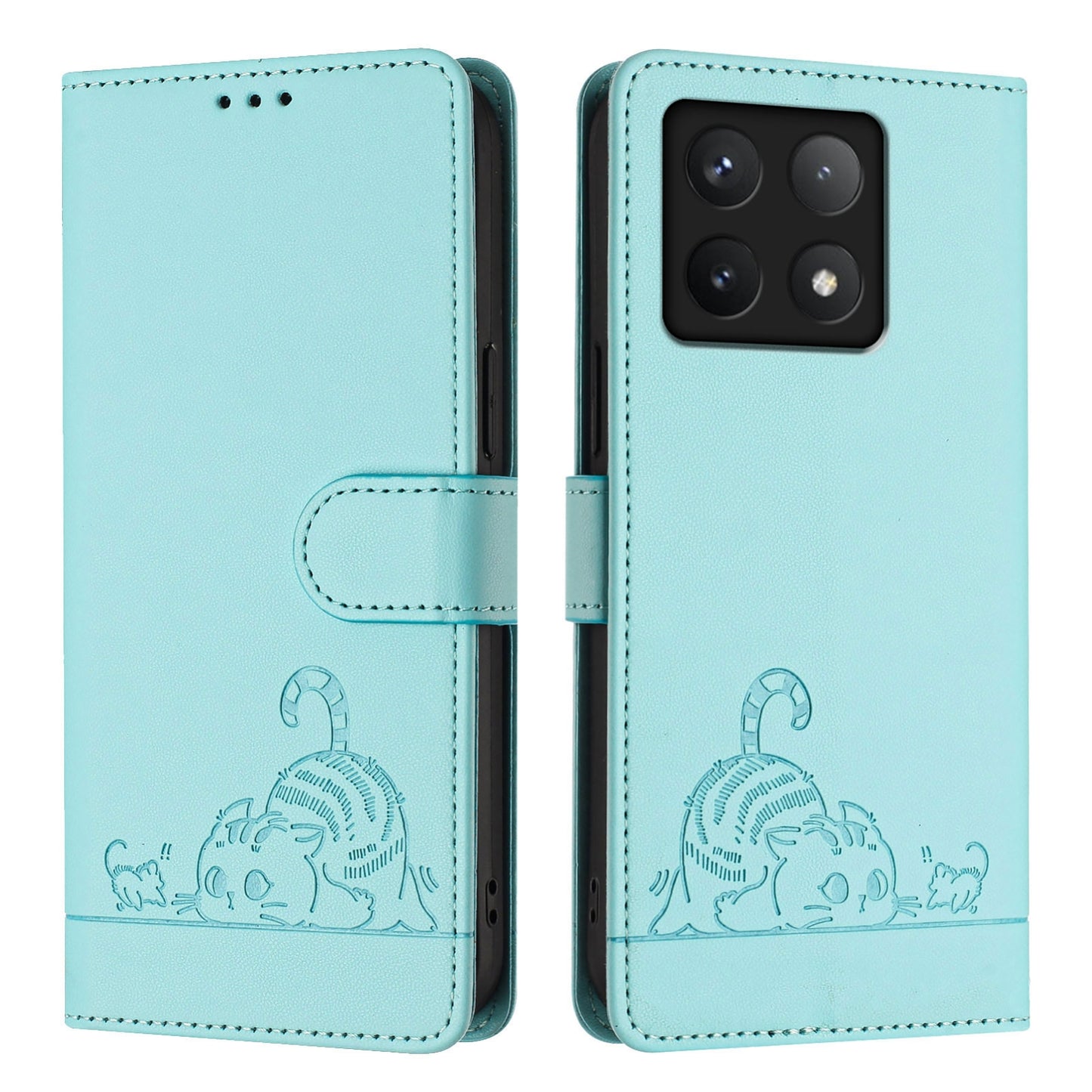 Xiaomi 14T Pro Cat and Mouse Embossed PU Leather RFID Case with Wallet Slots, Anti-Fall Protection, Kickstand, and Lanyard-buycases.co.uk