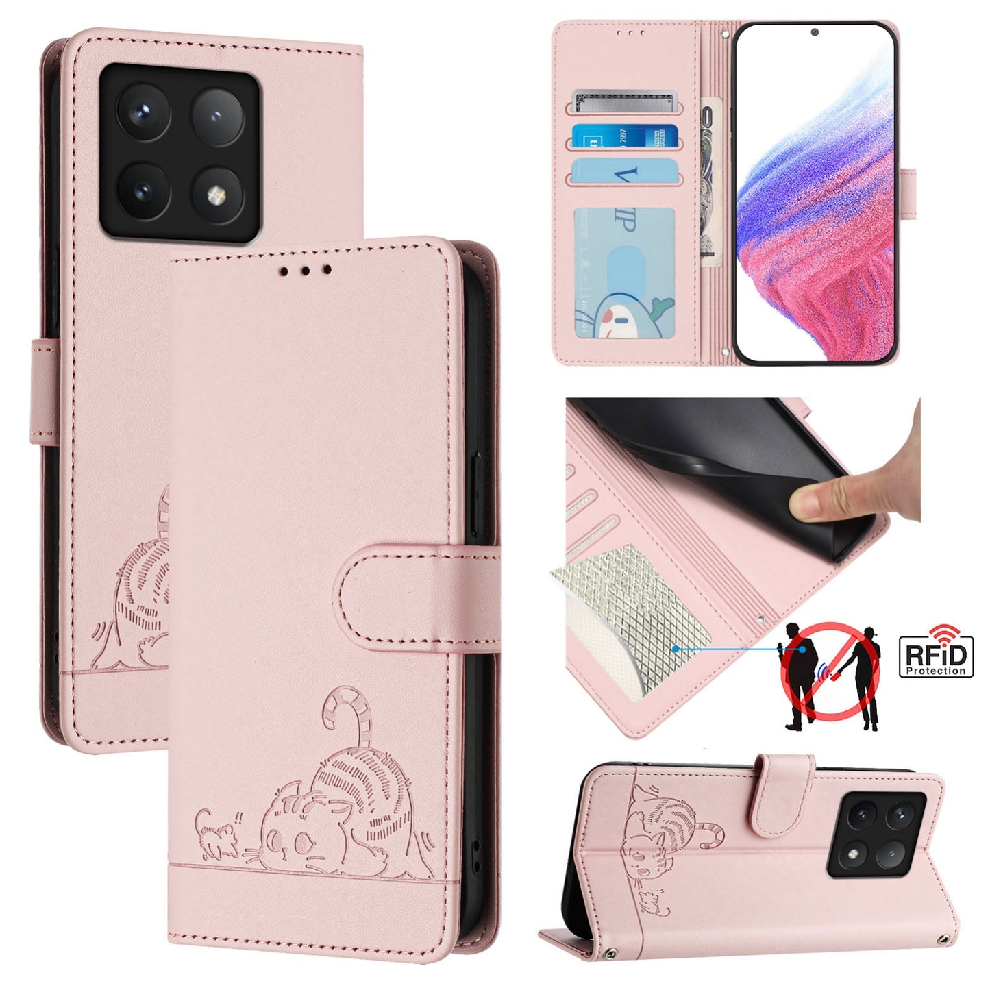 Xiaomi 14T Pro Cat and Mouse Embossed PU Leather RFID Case with Wallet Slots, Anti-Fall Protection, Kickstand, and Lanyard-buycases.co.uk