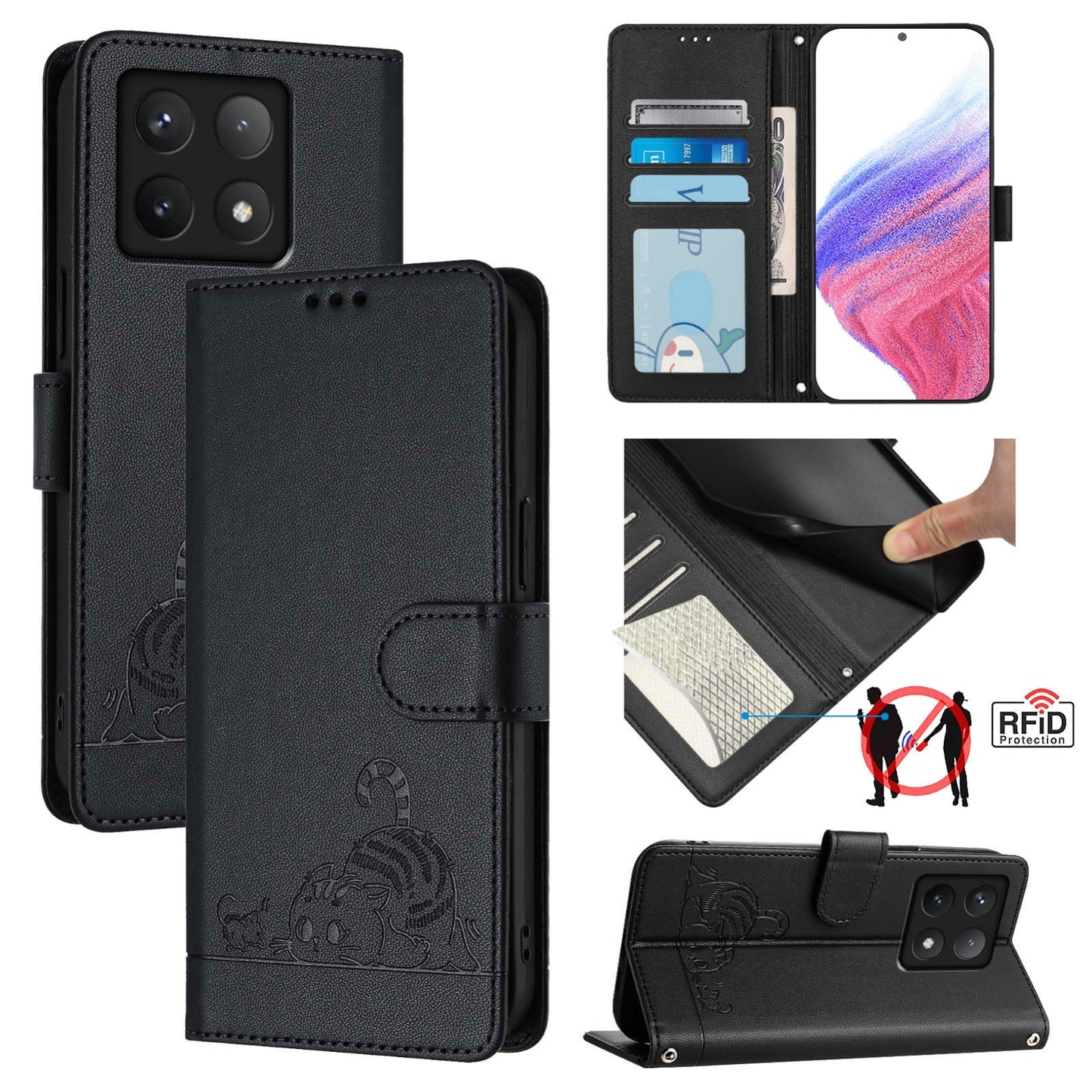 Xiaomi 14T Pro Cat and Mouse Embossed PU Leather RFID Case with Wallet Slots, Anti-Fall Protection, Kickstand, and Lanyard-buycases.co.uk