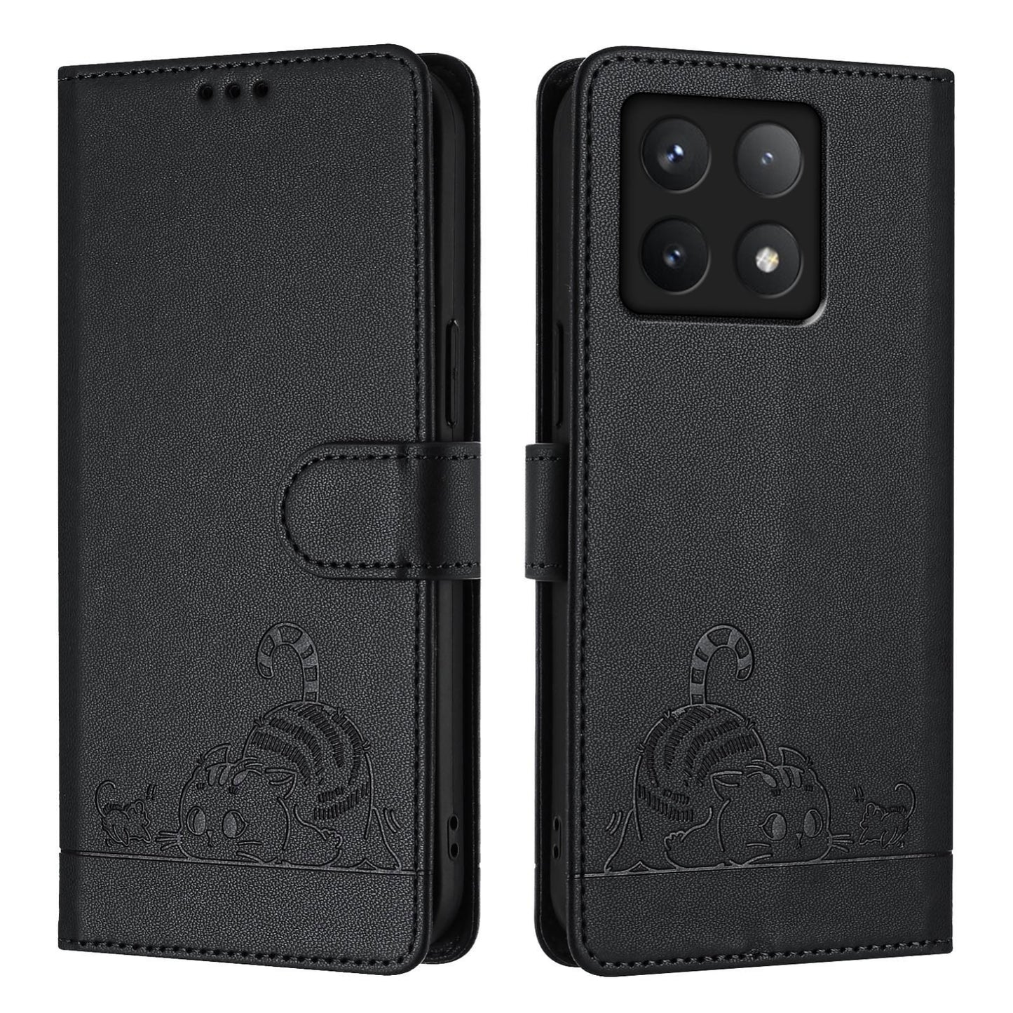Xiaomi 14T Pro Cat and Mouse Embossed PU Leather RFID Case with Wallet Slots, Anti-Fall Protection, Kickstand, and Lanyard-buycases.co.uk