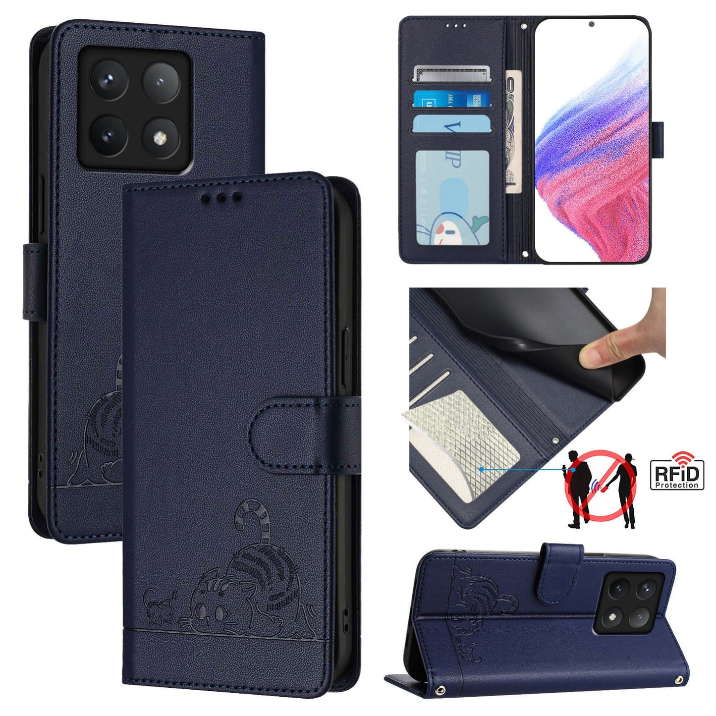 Xiaomi 14T Pro Cat and Mouse Embossed PU Leather RFID Case with Wallet Slots, Anti-Fall Protection, Kickstand, and Lanyard-buycases.co.uk