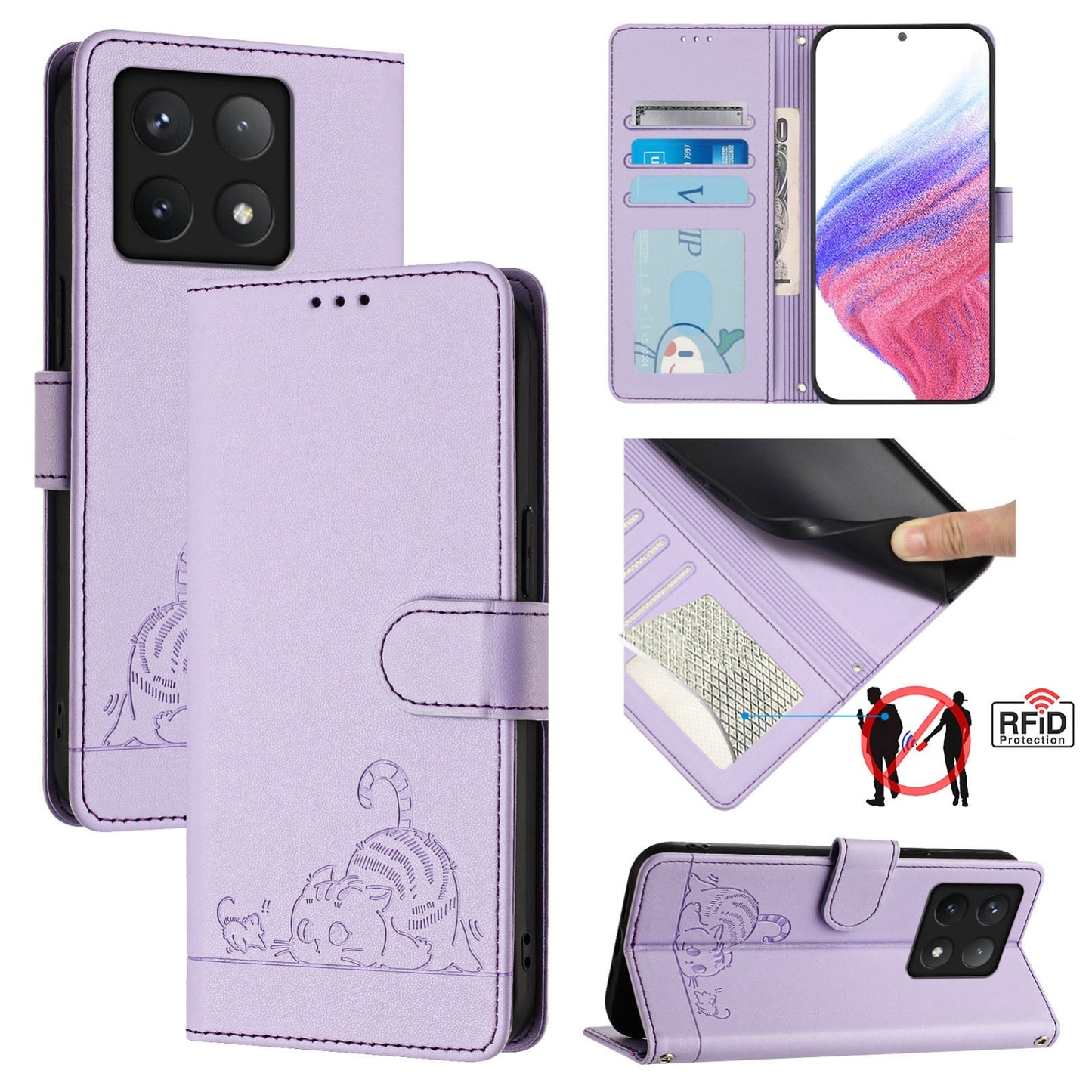 Xiaomi 14T Pro Cat and Mouse Embossed PU Leather RFID Case with Wallet Slots, Anti-Fall Protection, Kickstand, and Lanyard-buycases.co.uk
