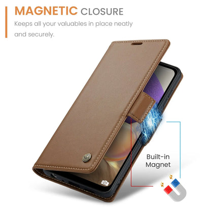 Samsung Galaxy M32 5g Leather Wallet Case - RFID Blocking, Stand Function, Card Slots-buycases.co.uk