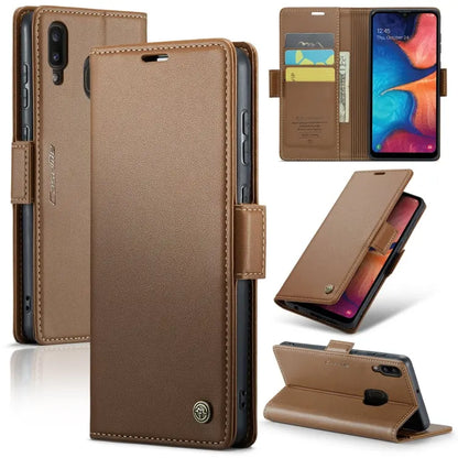 Samsung Galaxy A20 Leather Wallet Case - RFID Blocking, Stand Function, Card Slots-buycases.co.uk