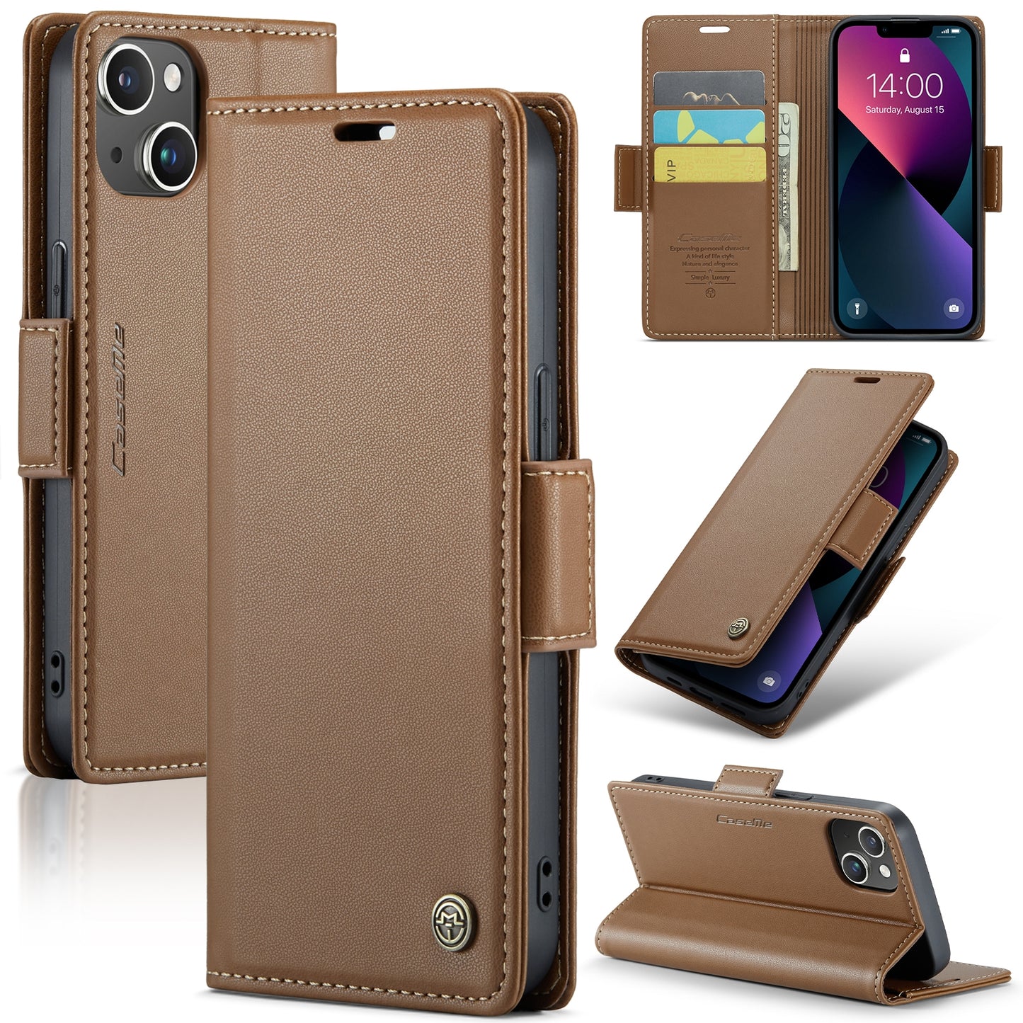 iPhone 14 Leather Wallet Case - RFID Blocking, Stand Function, Card Slots